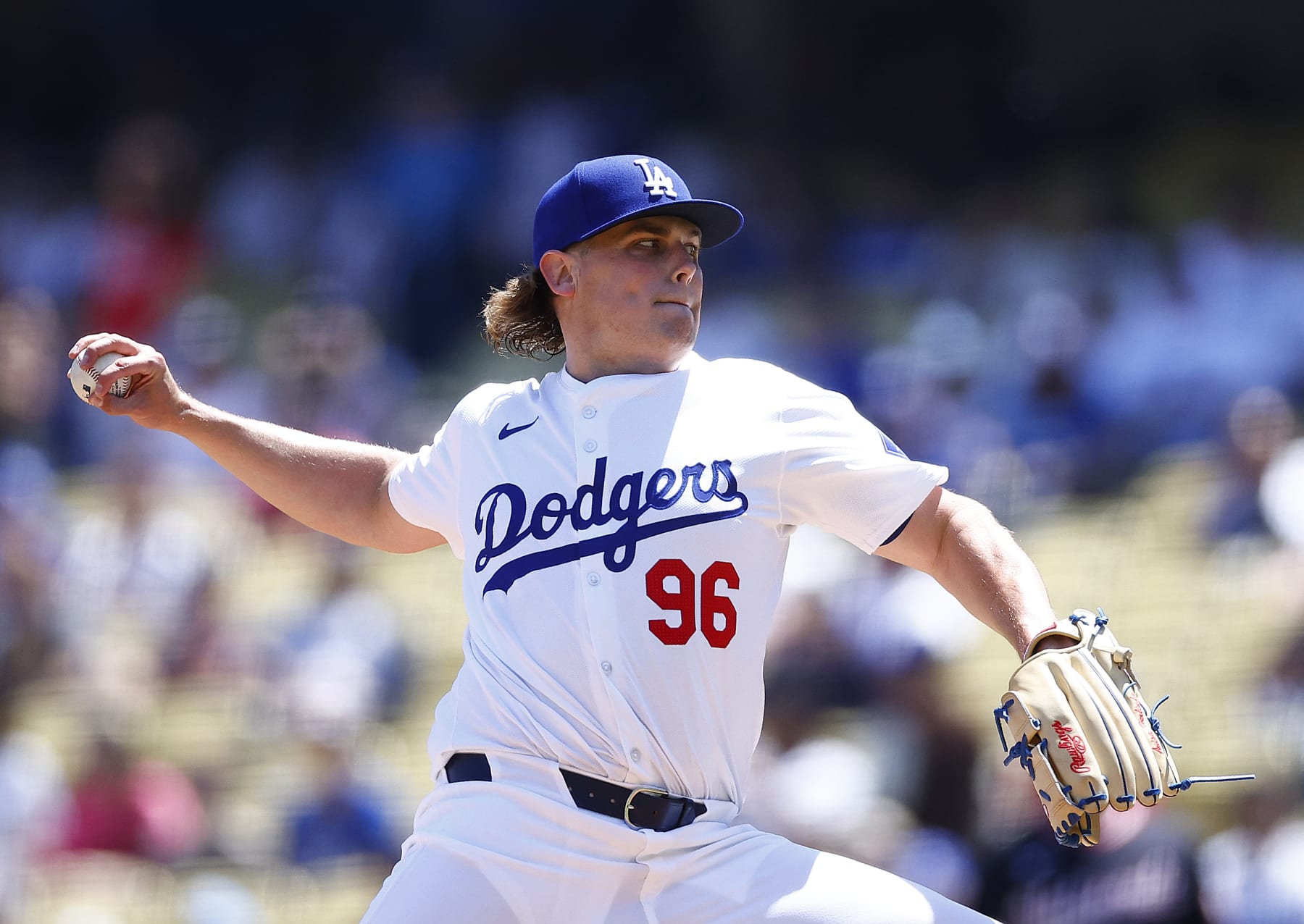 LOS ANGELES, CALIFORNIA - APRIL 17:  Landon Knack #96 of the Los Angeles Dodgers throws against the Washington Nationals in the first inning at Dodger Stadium on April 17, 2024 in Los Angeles, California. (Photo by Ronald Martinez/Getty Images)