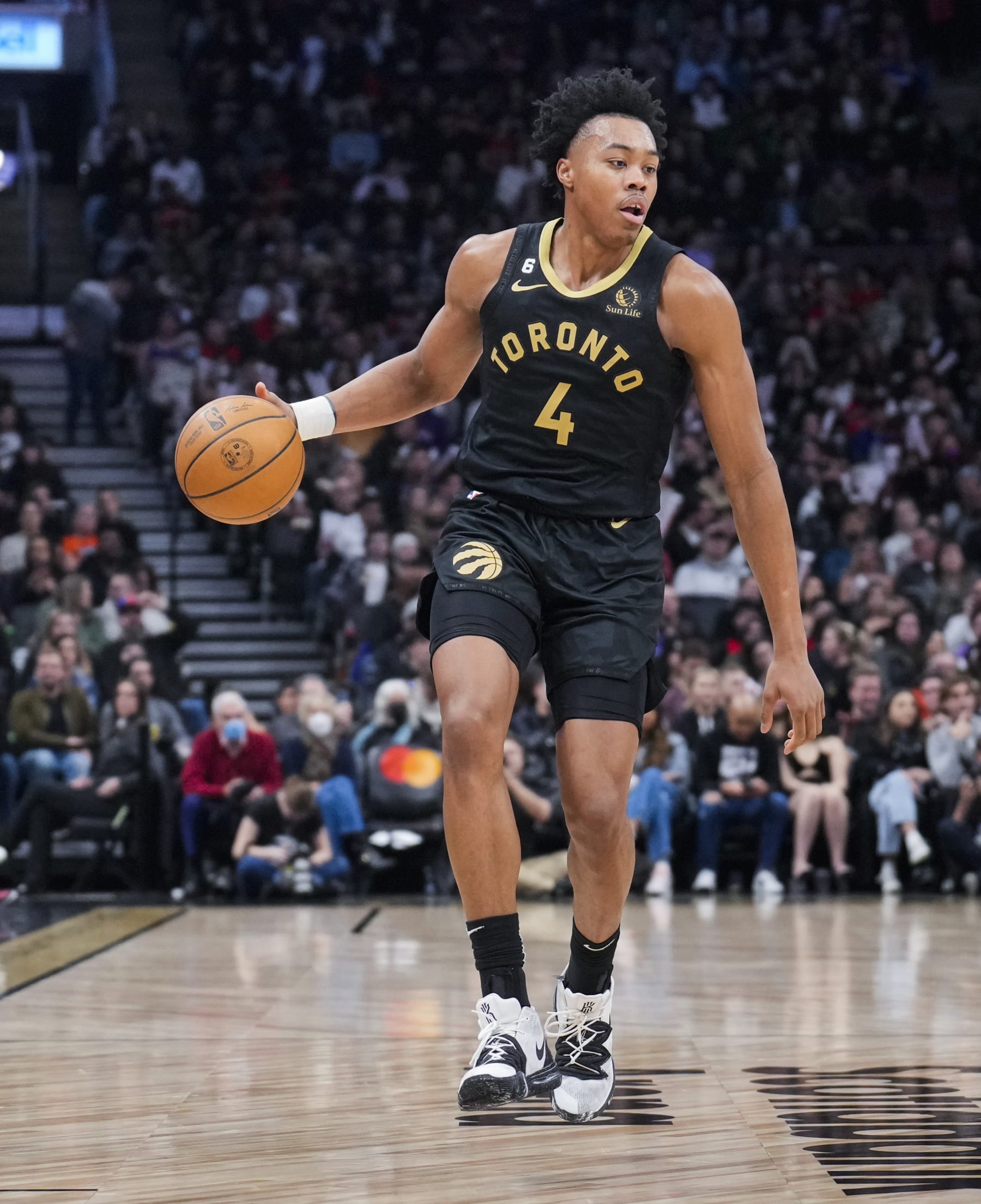 TORONTO, ON - JANUARY 6: Scottie Barnes #4 of the Toronto Raptors dribbles against the New York Knicks during the second half of their basketball game at the Scotiabank Arena on January 6, 2023 in Toronto, Ontario, Canada. NOTE TO USER: User expressly acknowledges and agrees that, by downloading and/or using this Photograph, user is consenting to the terms and conditions of the Getty Images License Agreement. (Photo by Mark Blinch/Getty Images)