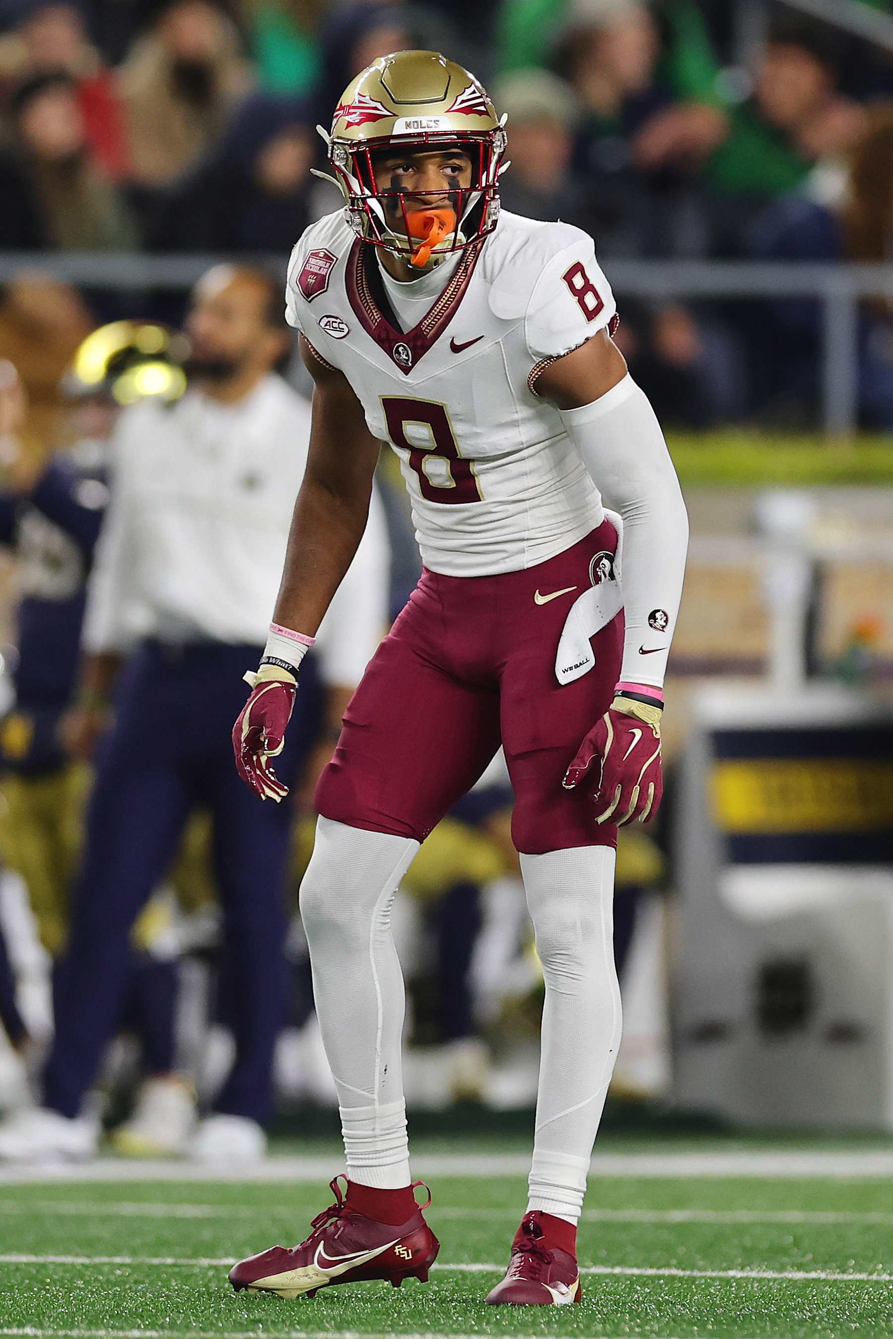 SOUTH BEND, INDIANA - NOVEMBER 09: Azareye'h Thomas #8 of the Florida State Seminoles looks on against the Notre Dame Fighting Irish during the first half at Notre Dame Stadium on November 09, 2024 in South Bend, Indiana. (Photo by Michael Reaves/Getty Images)