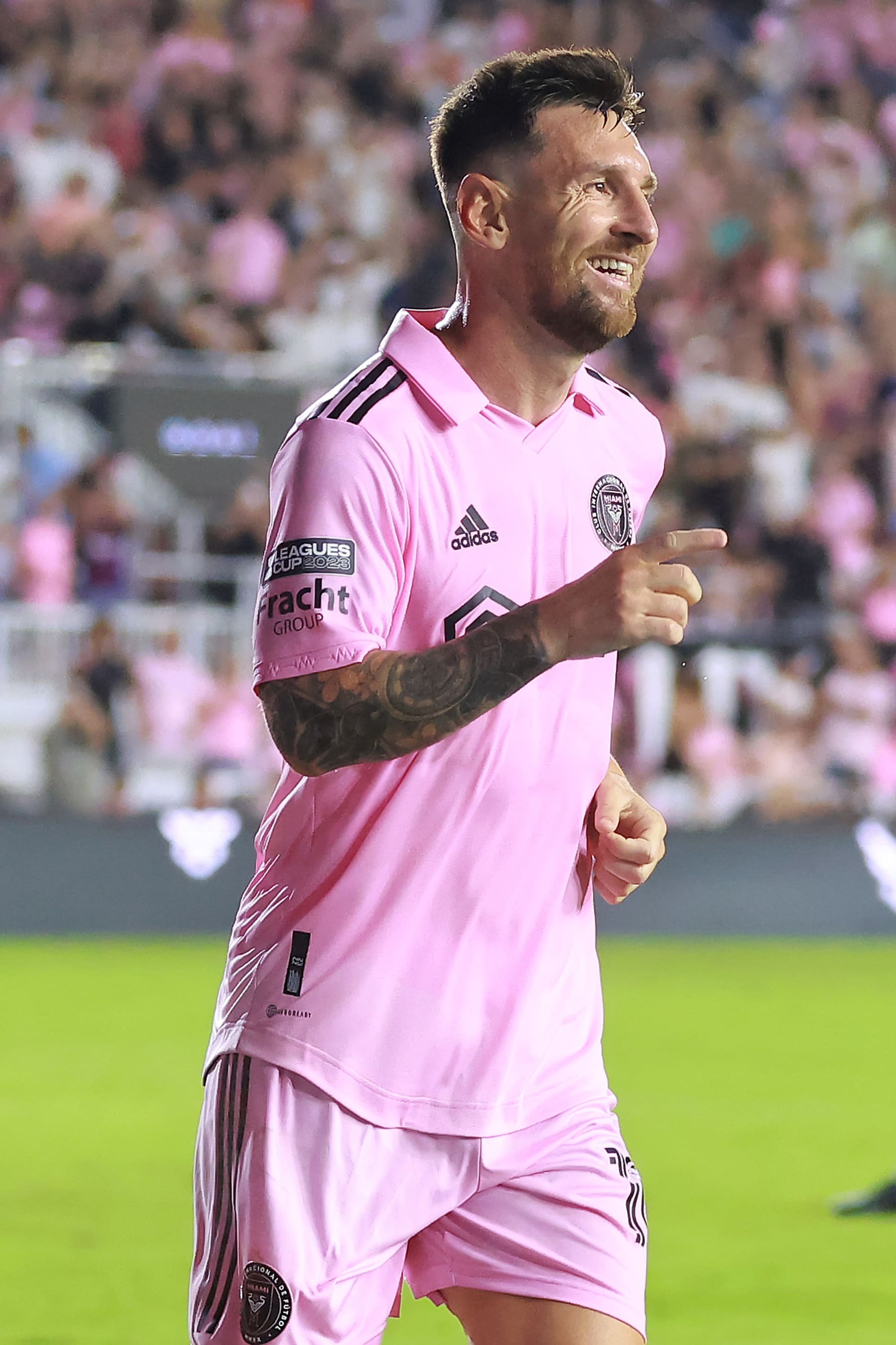 FORT LAUDERDALE, FLORIDA - AUGUST 11: Lionel Messi #10 of Inter Miami CF celebrates after scoring a goal in the second half during the Leagues Cup 2023 quarterfinals match between Charlotte FC and Inter Miami CF at DRV PNK Stadium on August 11, 2023 in Fort Lauderdale, Florida. (Photo by Hector Vivas/Getty Images)