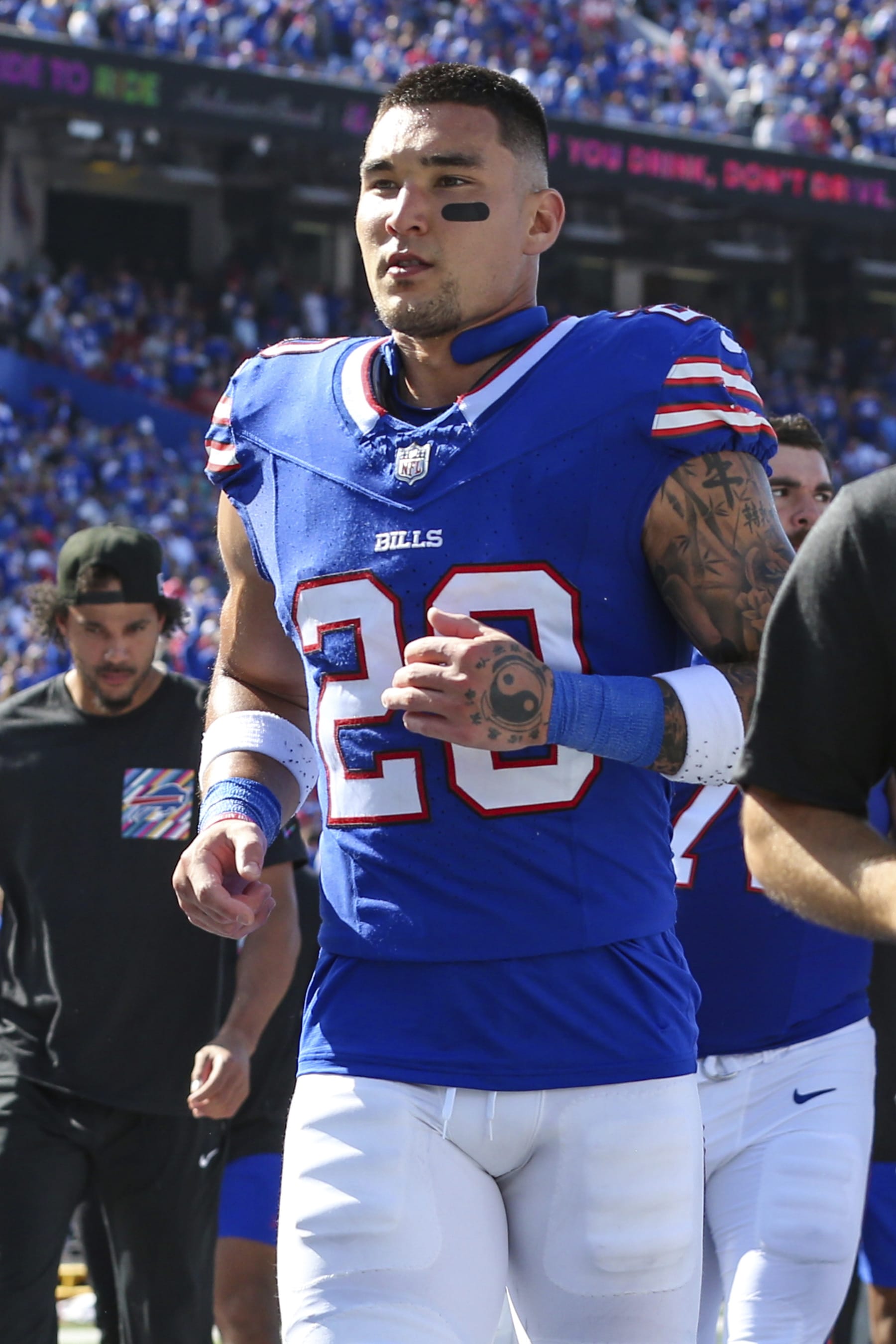Buffalo Bills safety Taylor Rapp (20) runs off the field at halftime of an NFL football game against the Miami Dolphins, Sunday, Oct. 1, 2023, in Orchard Park, N.Y. (AP Photo/Gary McCullough)
