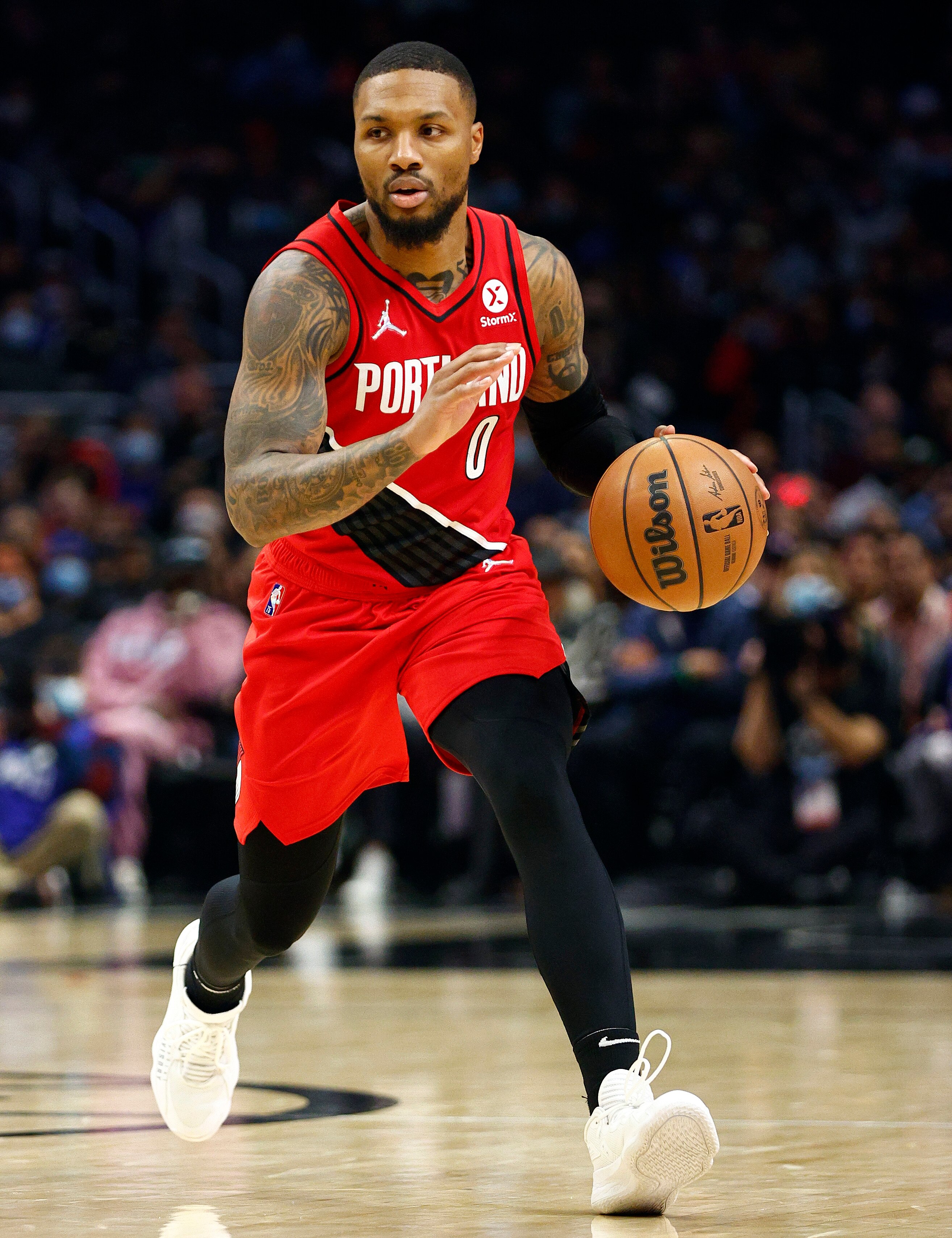 LOS ANGELES, CALIFORNIA - NOVEMBER 09:  Damian Lillard #0 of the Portland Trail Blazers at Staples Center on November 09, 2021 in Los Angeles, California.  NOTE TO USER: User expressly acknowledges and agrees that, by downloading and/or using this Photograph, user is consenting to the terms and conditions of the Getty Images License Agreement.   (Photo by Ronald Martinez/Getty Images)