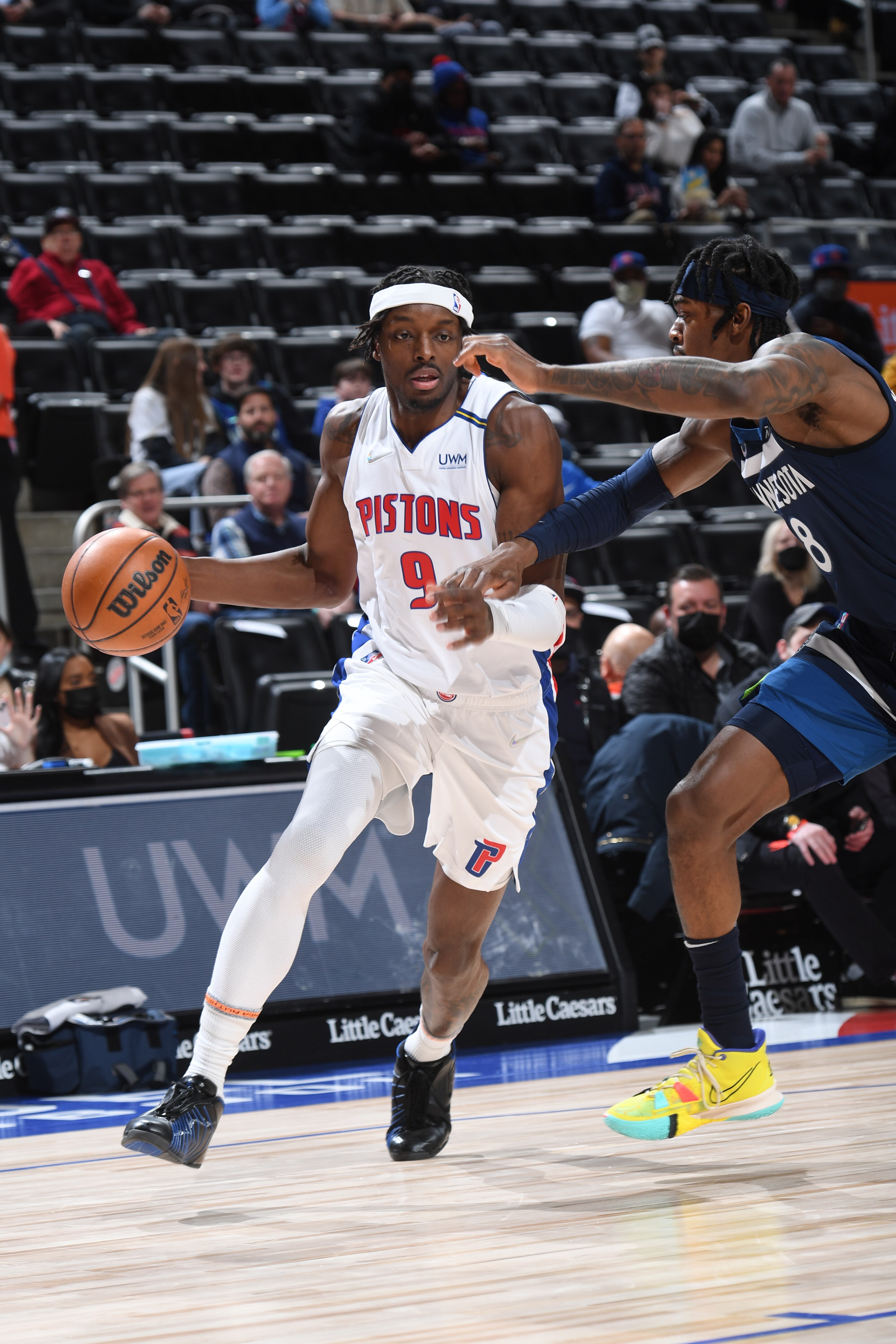 DETROIT, MI - FEBRUARY 03: Jerami Grant #9 of the Detroit Pistons dribbles the ball during the game against the Minnesota Timberwolves on February 3, 2022 at Little Caesars Arena in Detroit, Michigan. NOTE TO USER: User expressly acknowledges and agrees that, by downloading and/or using this photograph, User is consenting to the terms and conditions of the Getty Images License Agreement. Mandatory Copyright Notice: Copyright 2022 NBAE (Photo by Chris Schwegler/NBAE via Getty Images)