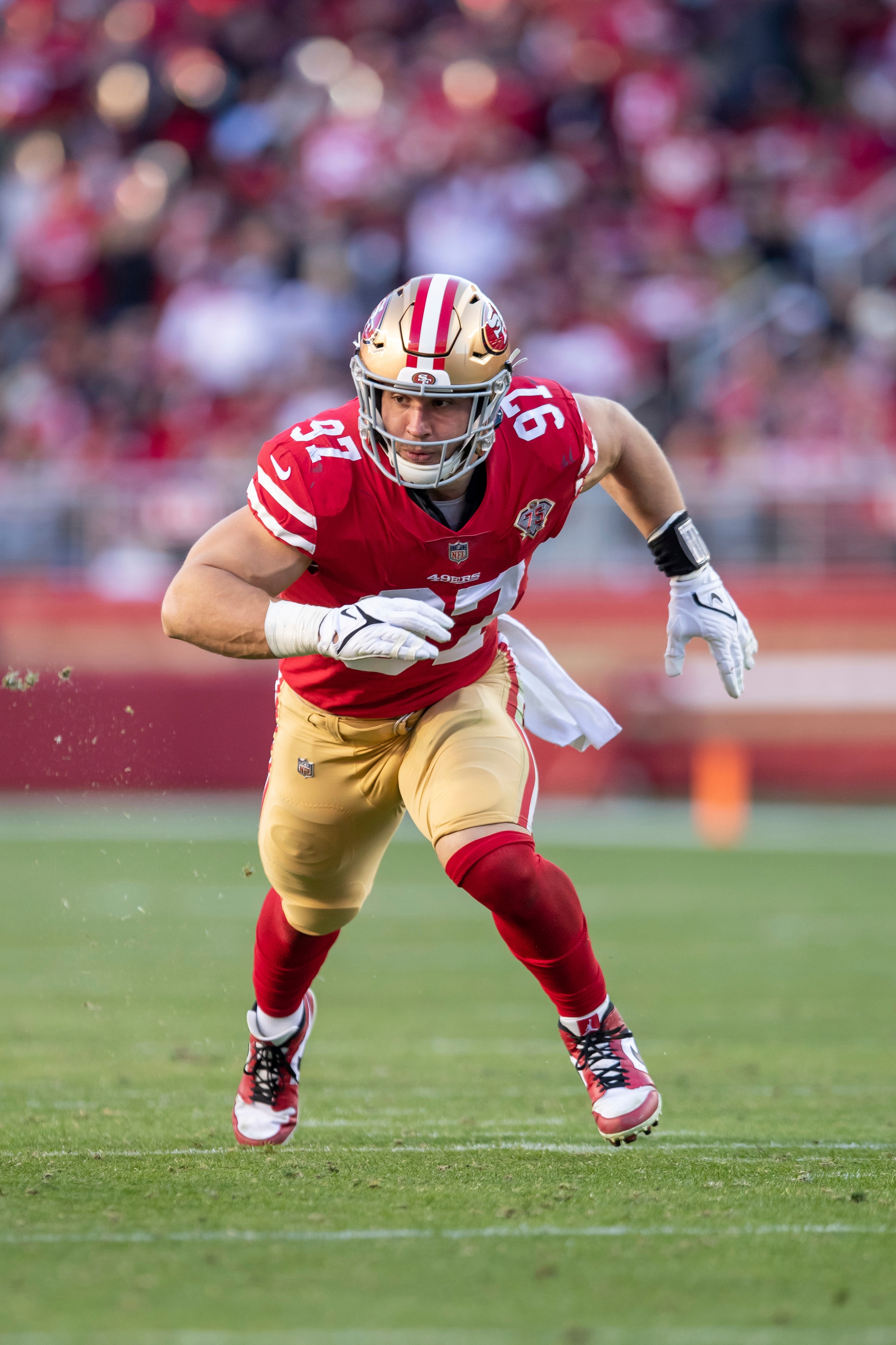 Defensive lineman (97) Nick Bosa of the San Francisco 49ers rushes against the Houston Texans in an NFL football game, Sunday, Jan. 2, 2022, in Santa Clara, CA. The 49ers defeated the Texans 23-7. (AP Photo/Jeff Lewis)