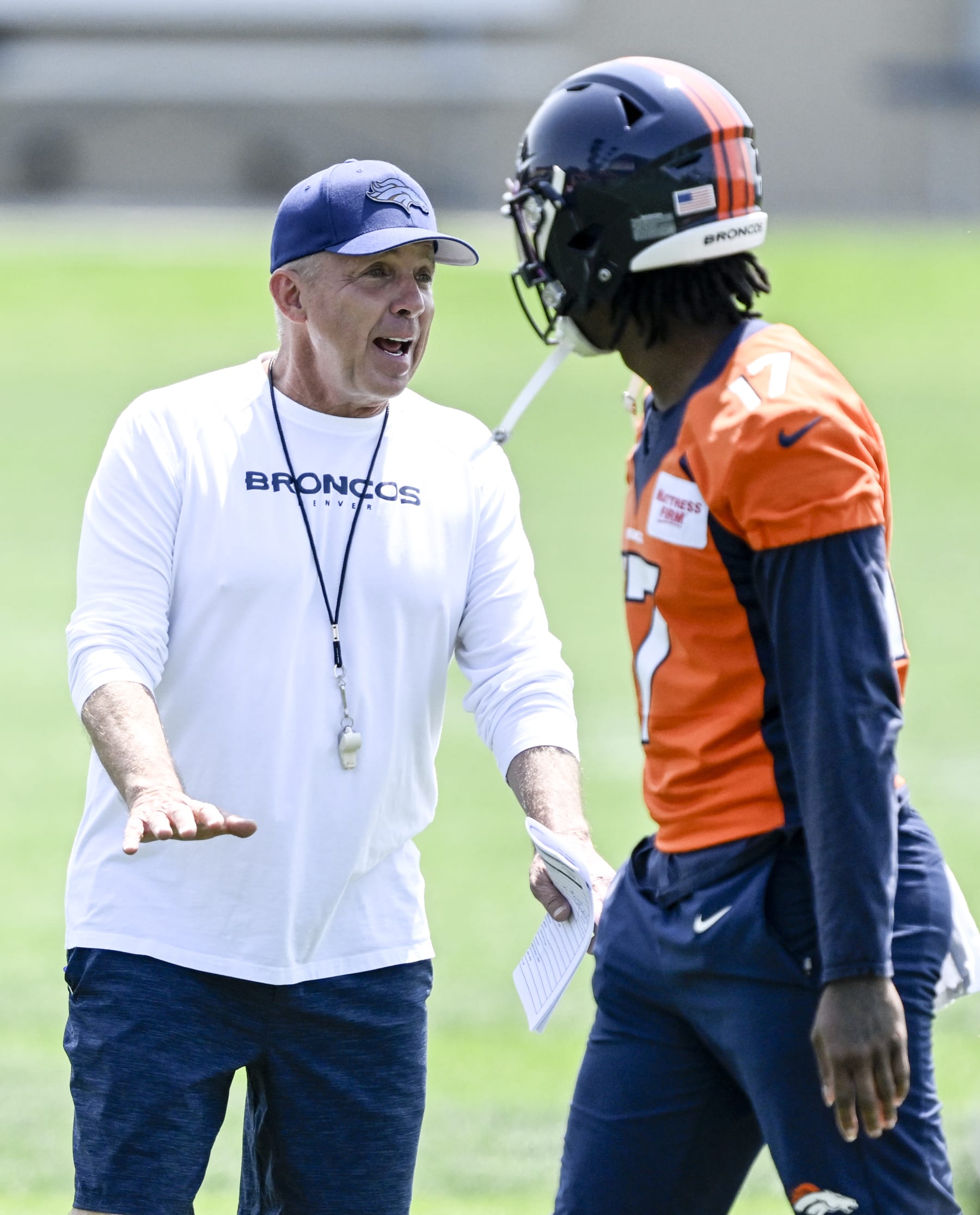 ENGLEWOOD , CO - JUNE 14: Head coach Sean Payton of the Denver Broncos speaks with Lil'Jordan Humphrey (17) during minicamp at the team's training facility in Englewood, Colorado on Wednesday, June 14, 2023. (Photo by AAron Ontiveroz/The Denver Post)