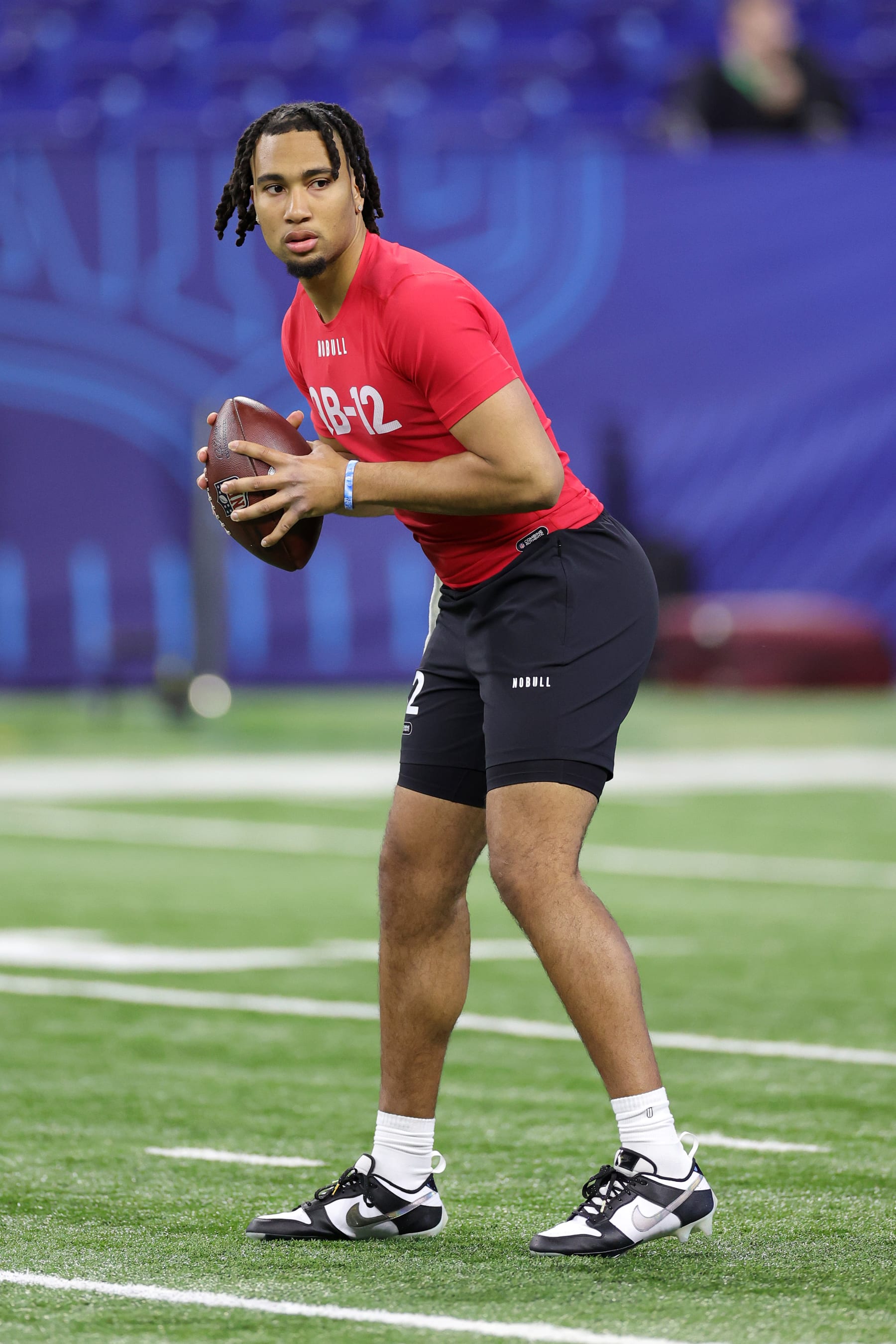 INDIANAPOLIS, INDIANA - MARCH 04: CJ Stroud of Ohio State participates in a drill during the NFL Combine at Lucas Oil Stadium on March 04, 2023 in Indianapolis, Indiana. (Photo by Stacy Revere/Getty Images)