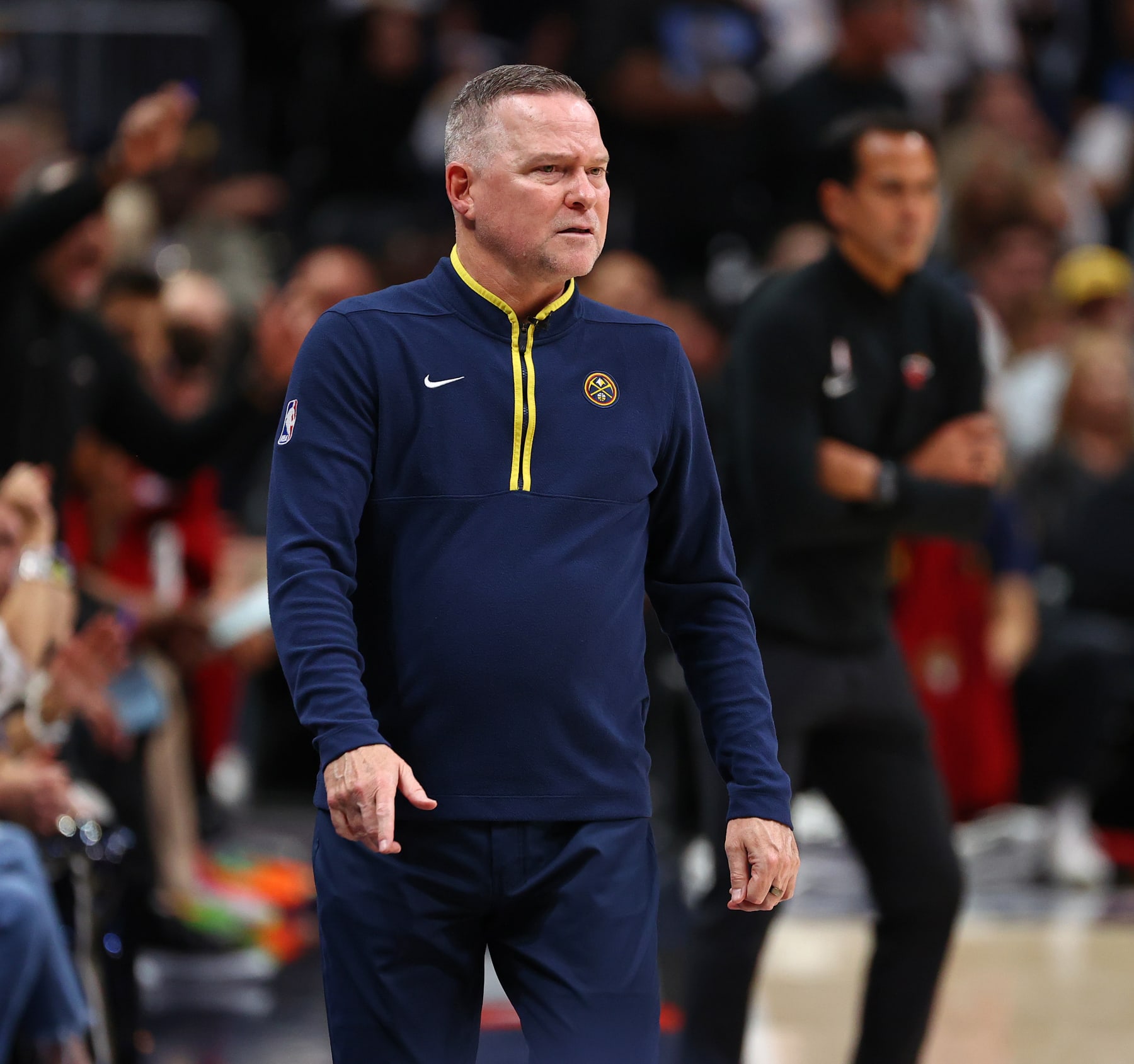 DENVER, CO - JUNE 12: Head Coach Michael Malone of the Denver Nuggets looks on during game 5 of the 2023 NBA Finals against the Miami Heat on June 12, 2023 at the Ball Arena in Denver, Colorado. NOTE TO USER: User expressly acknowledges and agrees that, by downloading and/or using this Photograph, user is consenting to the terms and conditions of the Getty Images License Agreement. Mandatory Copyright Notice: Copyright 2023 NBAE (Photo by Jamie Schwarberow/NBAE via Getty Images)