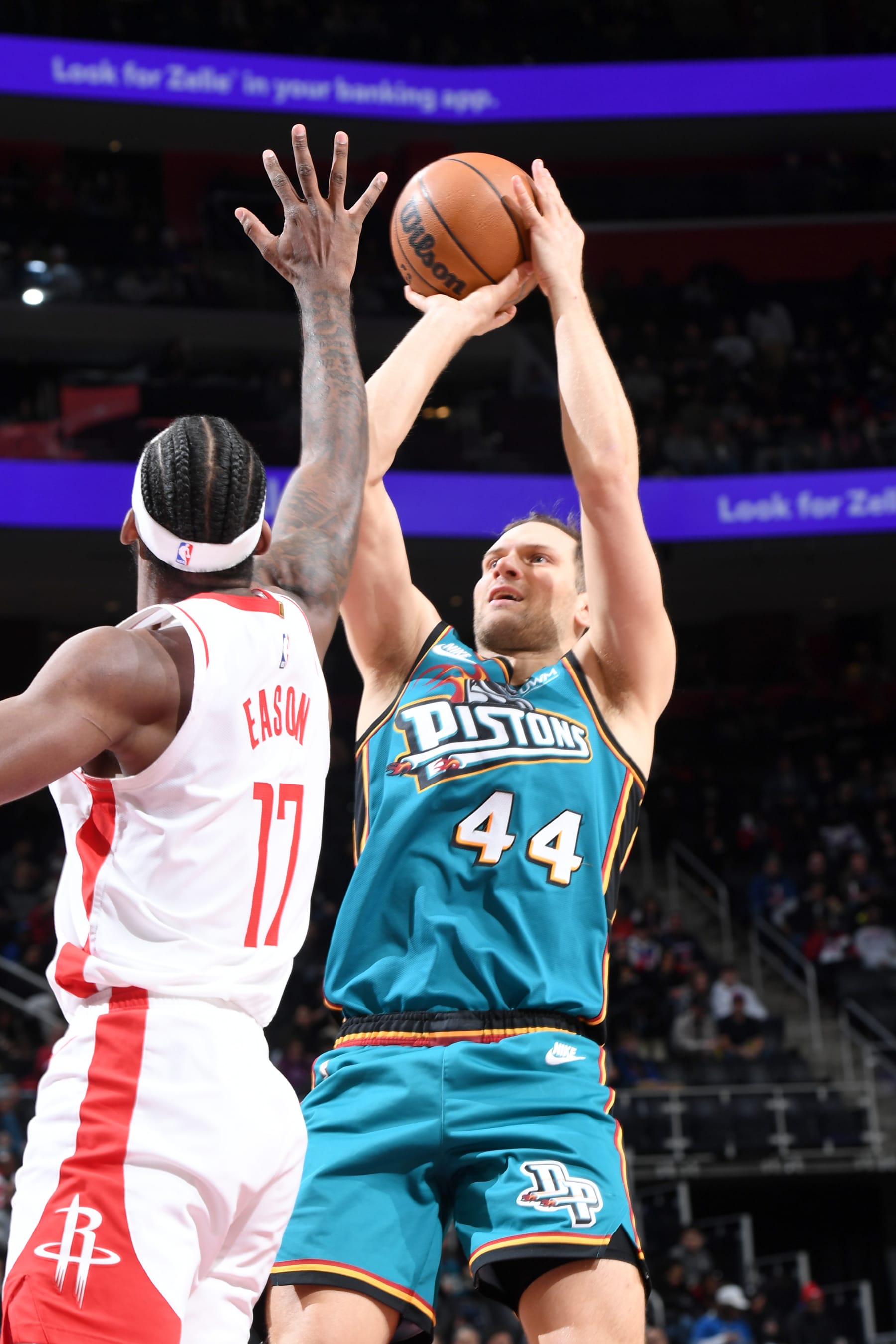 DETROIT, MI - JANUARY 28: Bojan Bogdanovic #44 of the Detroit Pistons shoots the ball against the Houston Rockets on January 28, 2023 at Little Caesars Arena in Detroit, Michigan. NOTE TO USER: User expressly acknowledges and agrees that, by downloading and/or using this photograph, User is consenting to the terms and conditions of the Getty Images License Agreement. Mandatory Copyright Notice: Copyright 2023 NBAE (Photo by Chris Schwegler/NBAE via Getty Images)