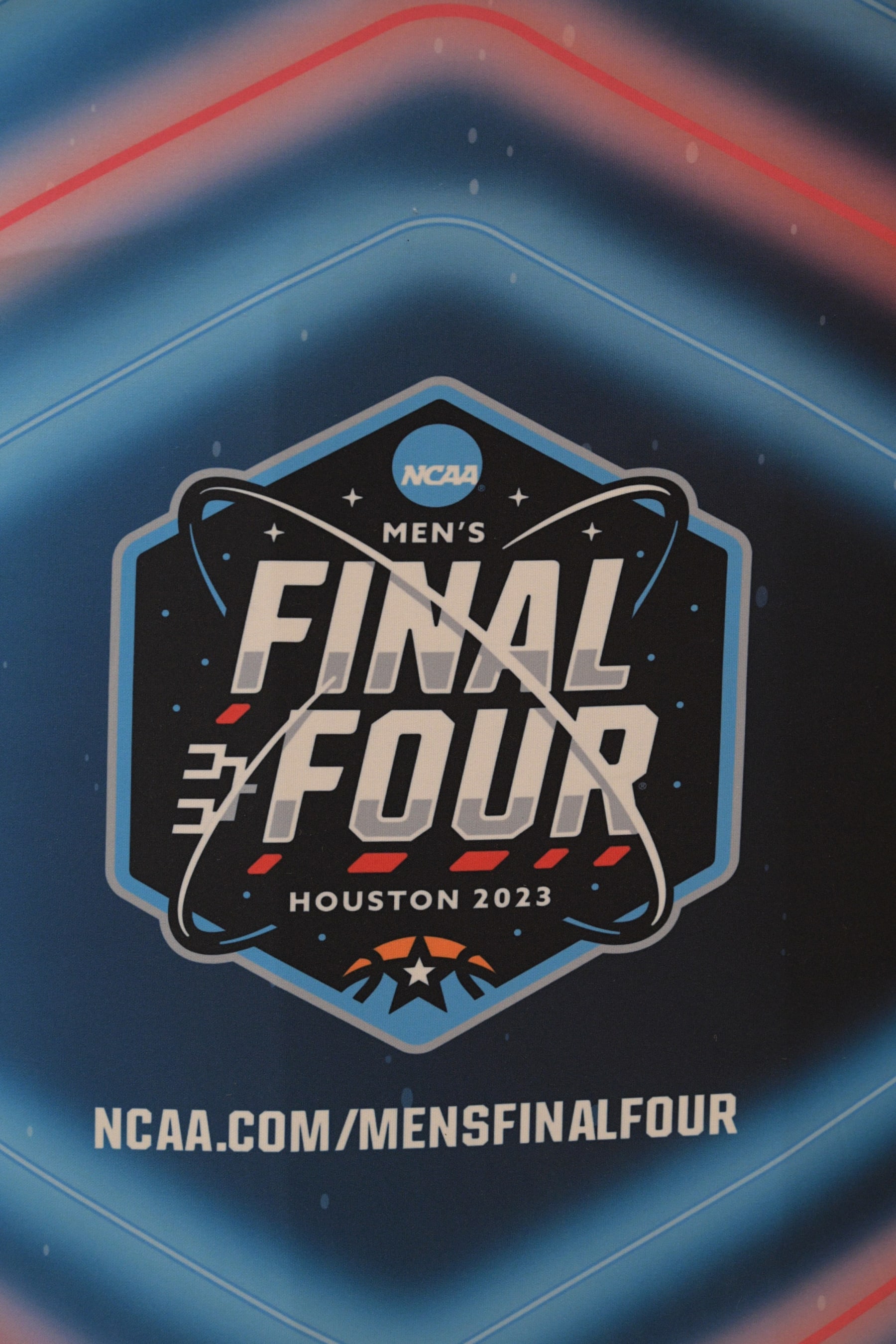 PROVIDENCE, RI - NOVEMBER 27: The NCAA Men's Final Four Houston 2023 logo on the display table of the 2023 Division I Men's Basketball National Championship trophy on display prior to a college basketball game between the Maine Black Bears and the Brown Bears on November 27, 2022, at Pizzitola Sports Center in Providence, RI. (Photo by Erica Denhoff/Icon Sportswire via Getty Images)