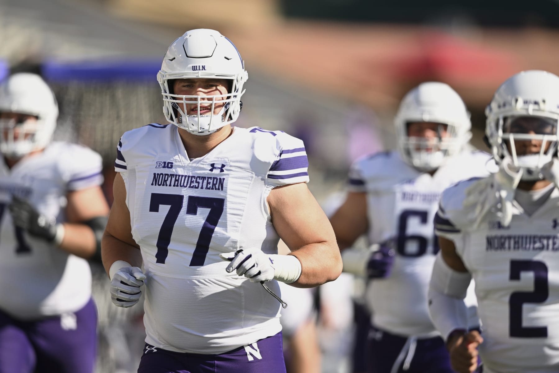 Northwestern offensive lineman Peter Skoronski warms up before an NCAA college football game, Saturday, Oct. 22, 2022, in College Park, Md. (AP Photo/Gail Burton)
