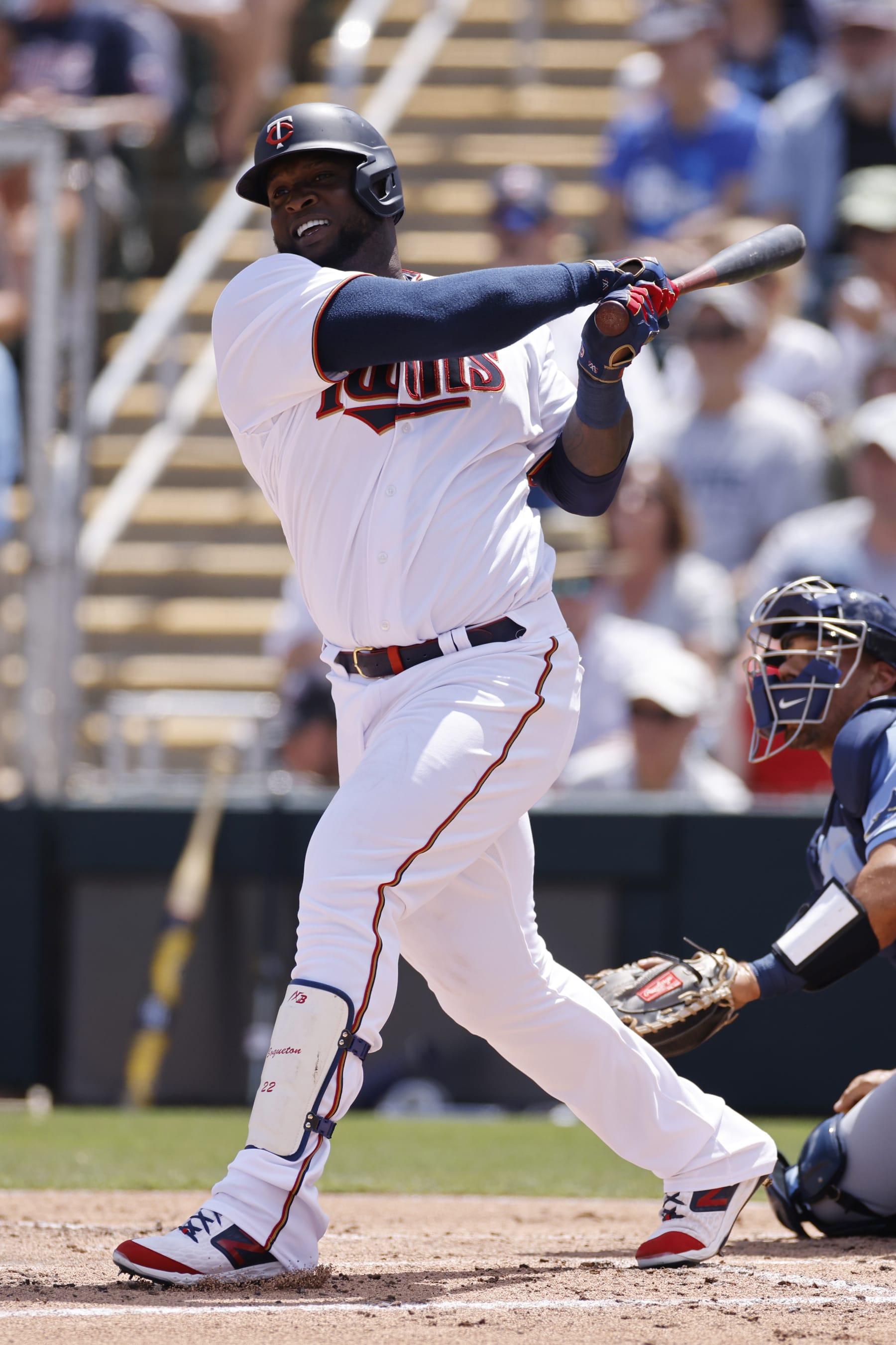 FORT MYERS, FL - MARCH 24: Minnesota Twins first baseman Miguel Sano (22) bats during a spring training baseball game against the Tampa Bay Rays on March 24, 2022 at Hammond Stadium in Fort Myers, Florida. (Photo by Joe Robbins/Icon Sportswire via Getty Images)