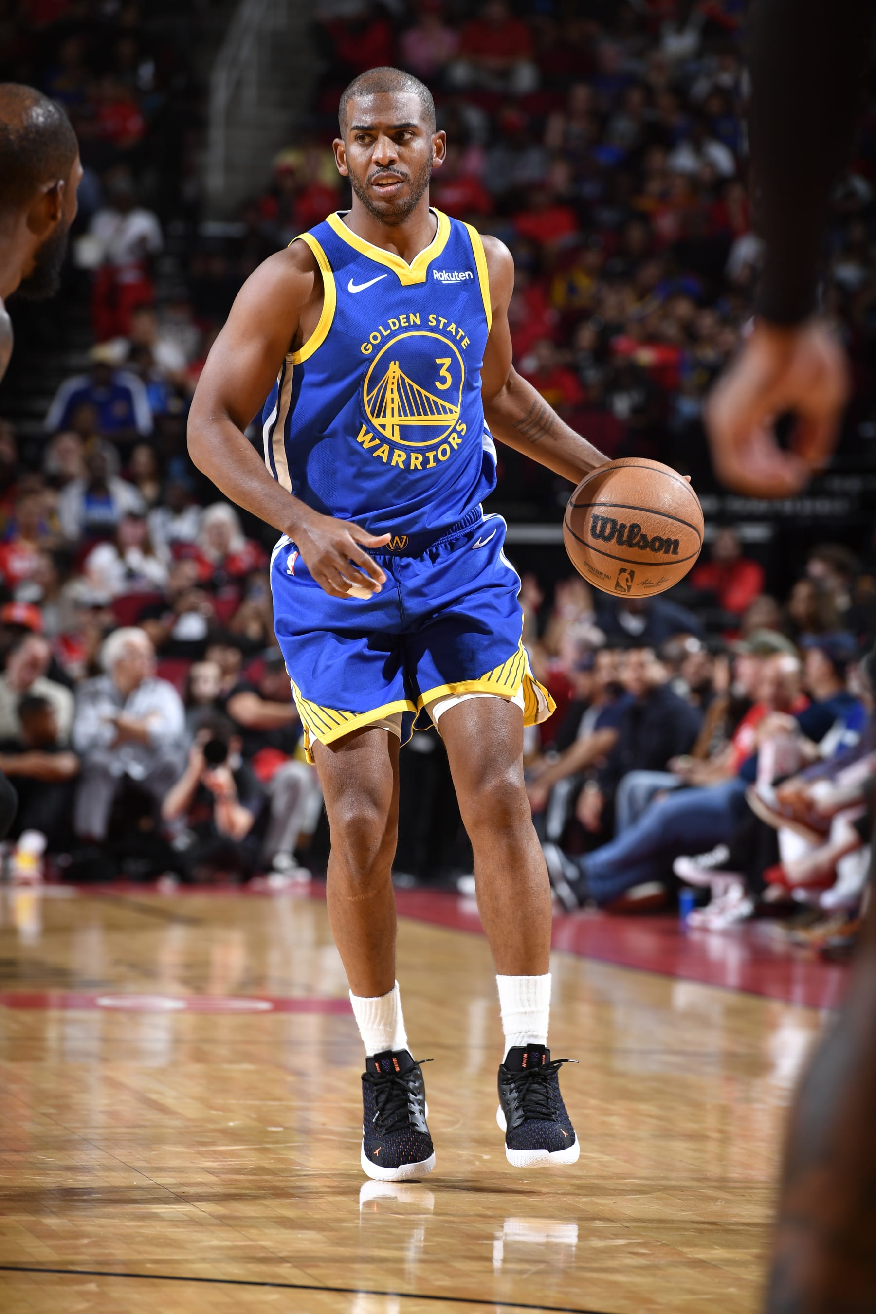 HOUSTON, TX - OCTOBER 29: Chris Paul #3 of the Golden State Warriors dribbles the ball during the game against the Houston Rockets on October 29, 2023 at the Toyota Center in Houston, Texas. NOTE TO USER: User expressly acknowledges and agrees that, by downloading and or using this photograph, User is consenting to the terms and conditions of the Getty Images License Agreement. Mandatory Copyright Notice: Copyright 2023 NBAE (Photo by Logan Riely/NBAE via Getty Images)