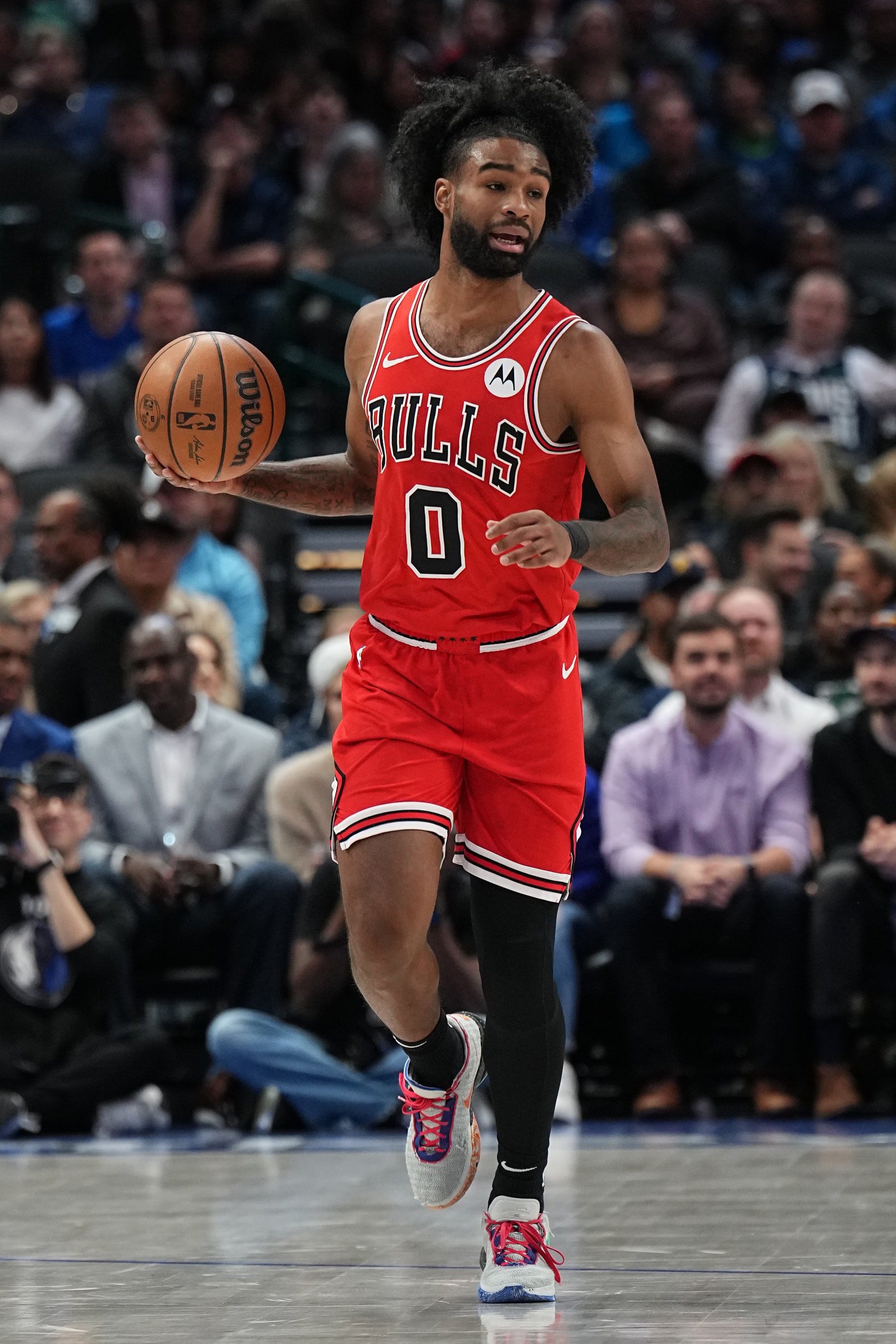 DALLAS, TX - NOVEMBER 1: Coby White #0 of the Chicago Bulls dribbles the ball during the game against the Dallas Mavericks on November 1, 2023 at the American Airlines Center in Dallas, Texas. NOTE TO USER: User expressly acknowledges and agrees that, by downloading and or using this photograph, User is consenting to the terms and conditions of the Getty Images License Agreement. Mandatory Copyright Notice: Copyright 2023 NBAE (Photo by Glenn James/NBAE via Getty Images)