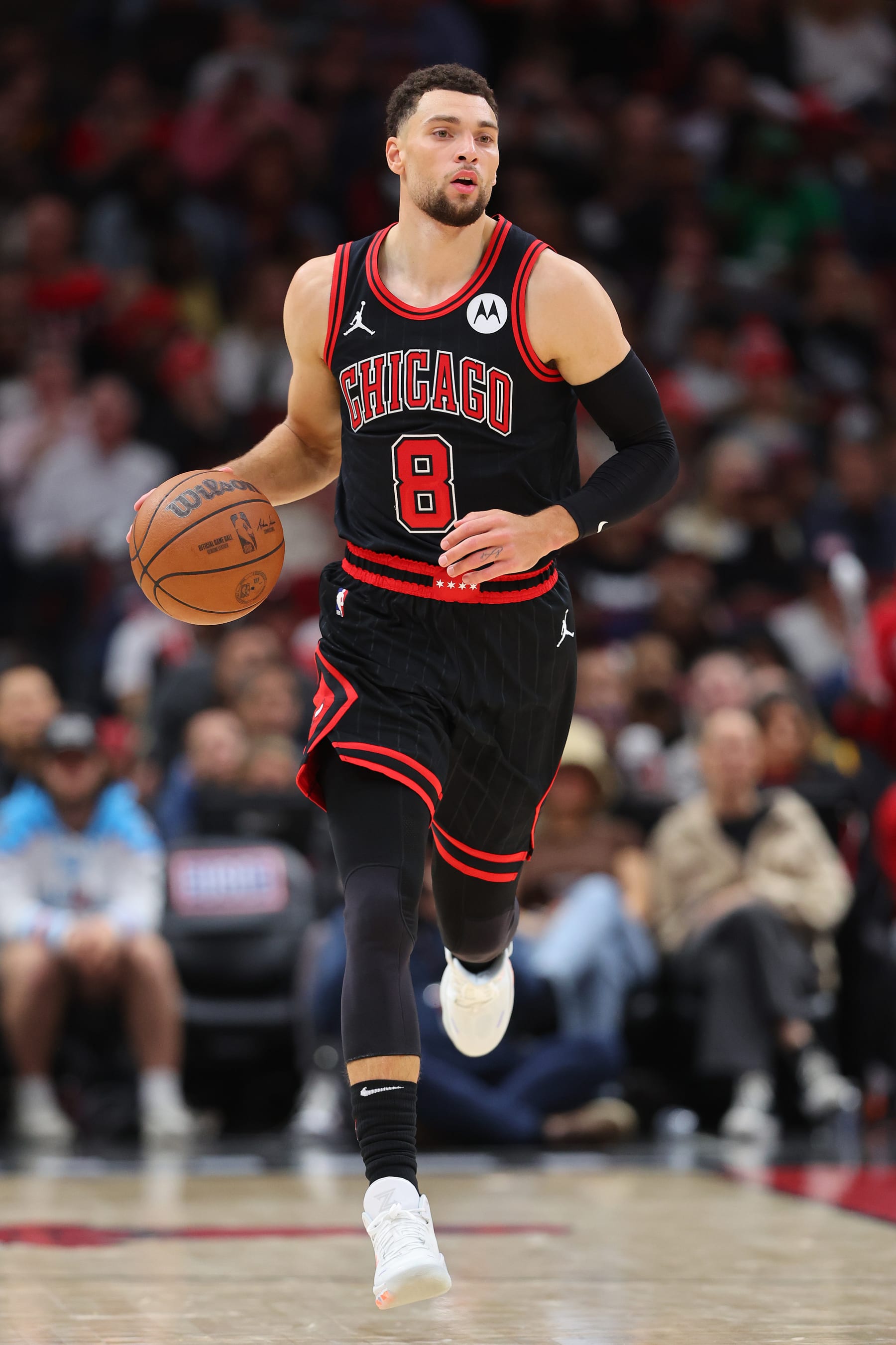 CHICAGO, ILLINOIS - NOVEMBER 08: Zach LaVine #8 of the Chicago Bulls dribbles up the court against the Phoenix Suns during the second half at the United Center on November 08, 2023 in Chicago, Illinois. NOTE TO USER: User expressly acknowledges and agrees that, by downloading and or using this photograph, User is consenting to the terms and conditions of the Getty Images License Agreement.  (Photo by Michael Reaves/Getty Images)