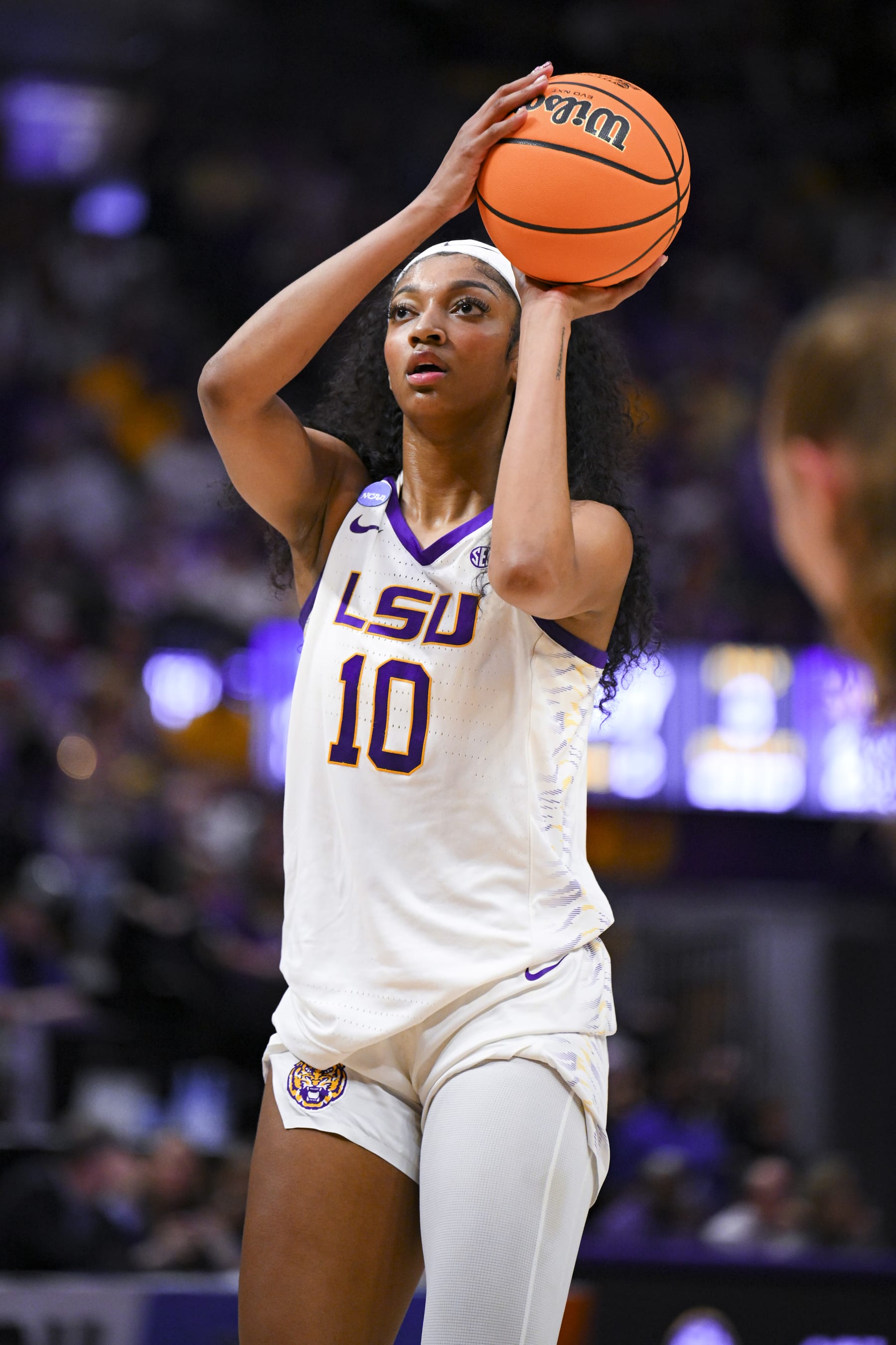 BATON ROUGE, LOUISIANA - MARCH 22: Angel Reese of the LSU Tigers takes a free throw during the first round of the 2024 NCAA Women's Basketball Tournament held at Pete Maravich Assembly Center on March 22, 2024 in Baton Rouge, Louisiana. (Photo by Andy Hancock/NCAA Photos/NCAA Photos via Getty Images)