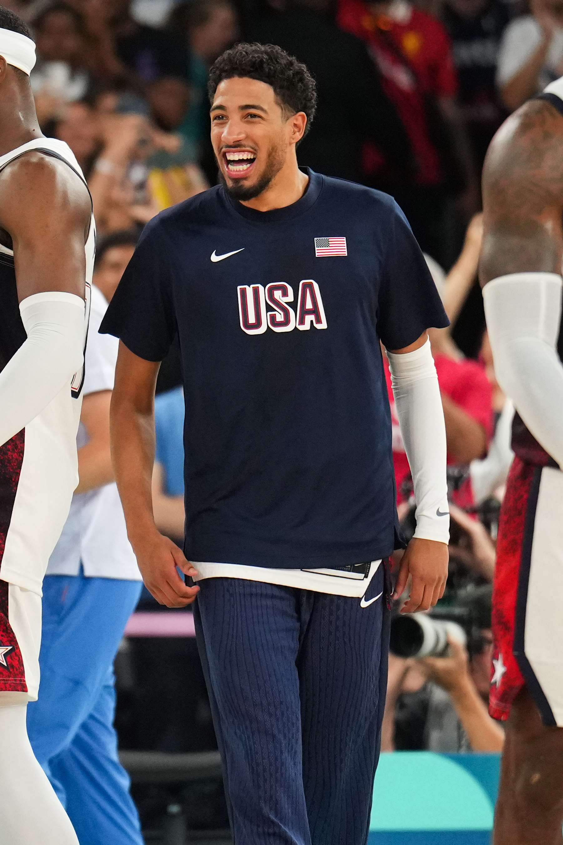 PARIS, FRANCE - AUGUST 8: Tyrese Haliburton #9 of the USA Men's National Team smiles after the game during the Men's Semi-Finals on August 8, 2024 at the AccorHotels Arena in Paris, France. NOTE TO USER: User expressly acknowledges and agrees that, by downloading and/or using this photograph, user is consenting to the terms and conditions of the Getty Images License Agreement. Mandatory Copyright Notice: Copyright 2024 NBAE (Photo by Jesse D. Garrabrant/NBAE via Getty Images)