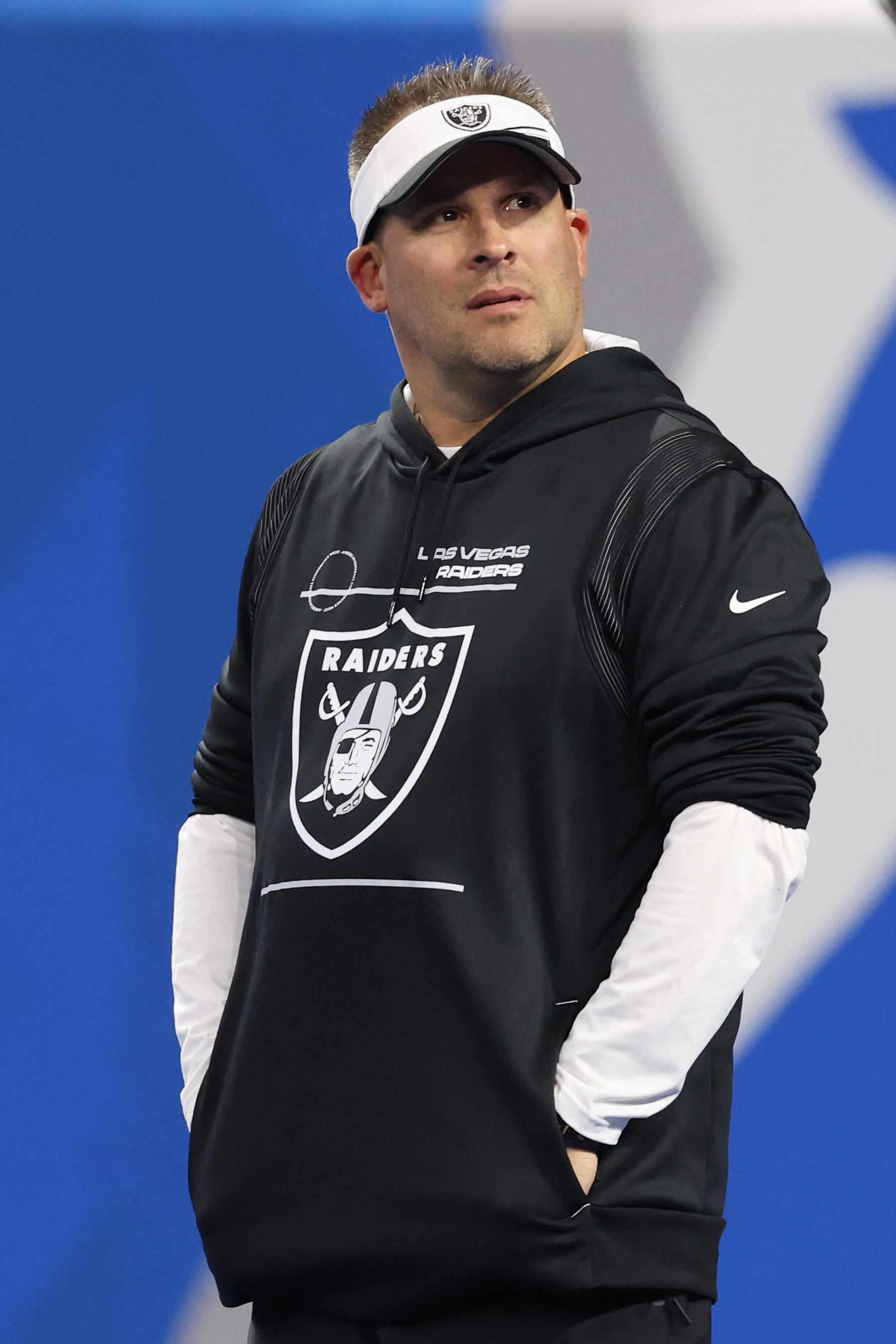 DETROIT, MICHIGAN - OCTOBER 30:  Head coach Josh McDaniels of the Las Vegas Raiders looks on prior to their game against the Detroit Lions at Ford Field on October 30, 2023 in Detroit, Michigan. (Photo by Gregory Shamus/Getty Images)