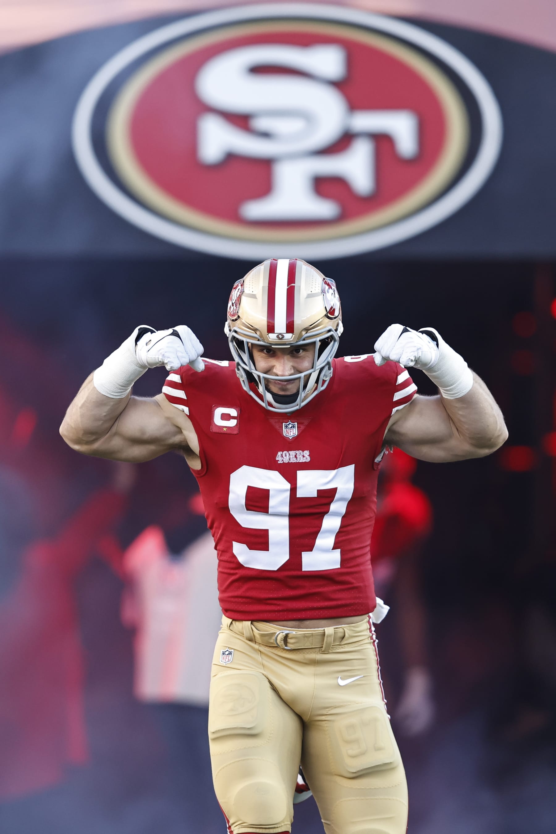 SANTA CLARA, CALIFORNIA - JANUARY 22: Nick Bosa #97 of the San Francisco 49ers reacts as he takes the field prior to an NFL divisional round playoff football game between the San Francisco 49ers and the Dallas Cowboys at Levi's Stadium on January 22, 2023 in Santa Clara, California. (Photo by Michael Owens/Getty Images)