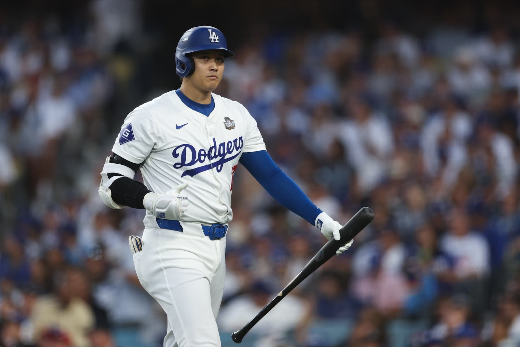 LOS ANGELES, CALIFORNIA - OCTOBER 25: Shohei Ohtani #17 of the Los Angeles Dodgers reacts after striking out in the third inning against the New York Yankees during Game One of the 2024 World Series at Dodger Stadium on October 25, 2024 in Los Angeles, California. (Photo by Harry How/Getty Images)