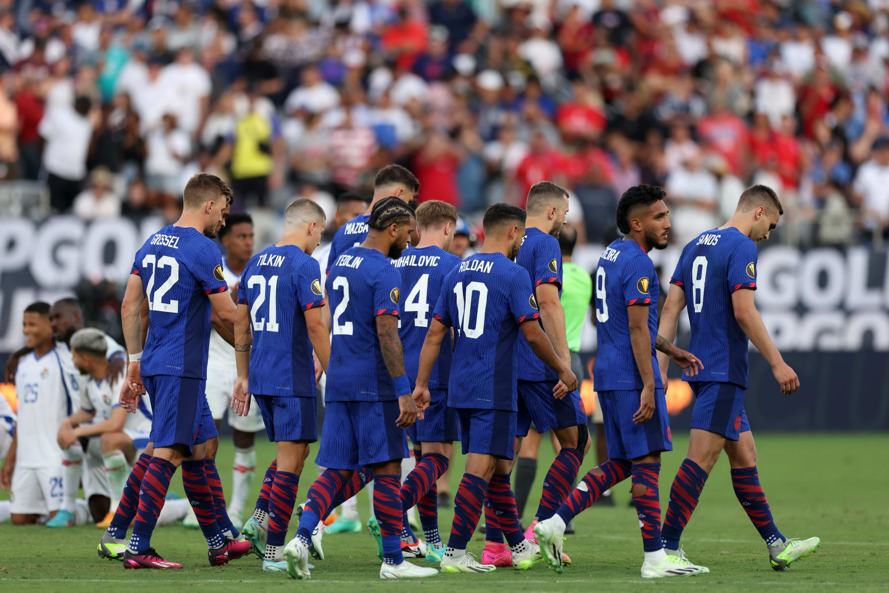 SAN DIEGO, CALIFORNIA - JULY 12: United States react to loosing the PK shootout against Panama during the 2023 Concacaf Gold Cup Semifinals at Snapdragon Stadium on July 12, 2023 in San Diego, California. (Photo by John Dorton/USSF/Getty Images for USSF)