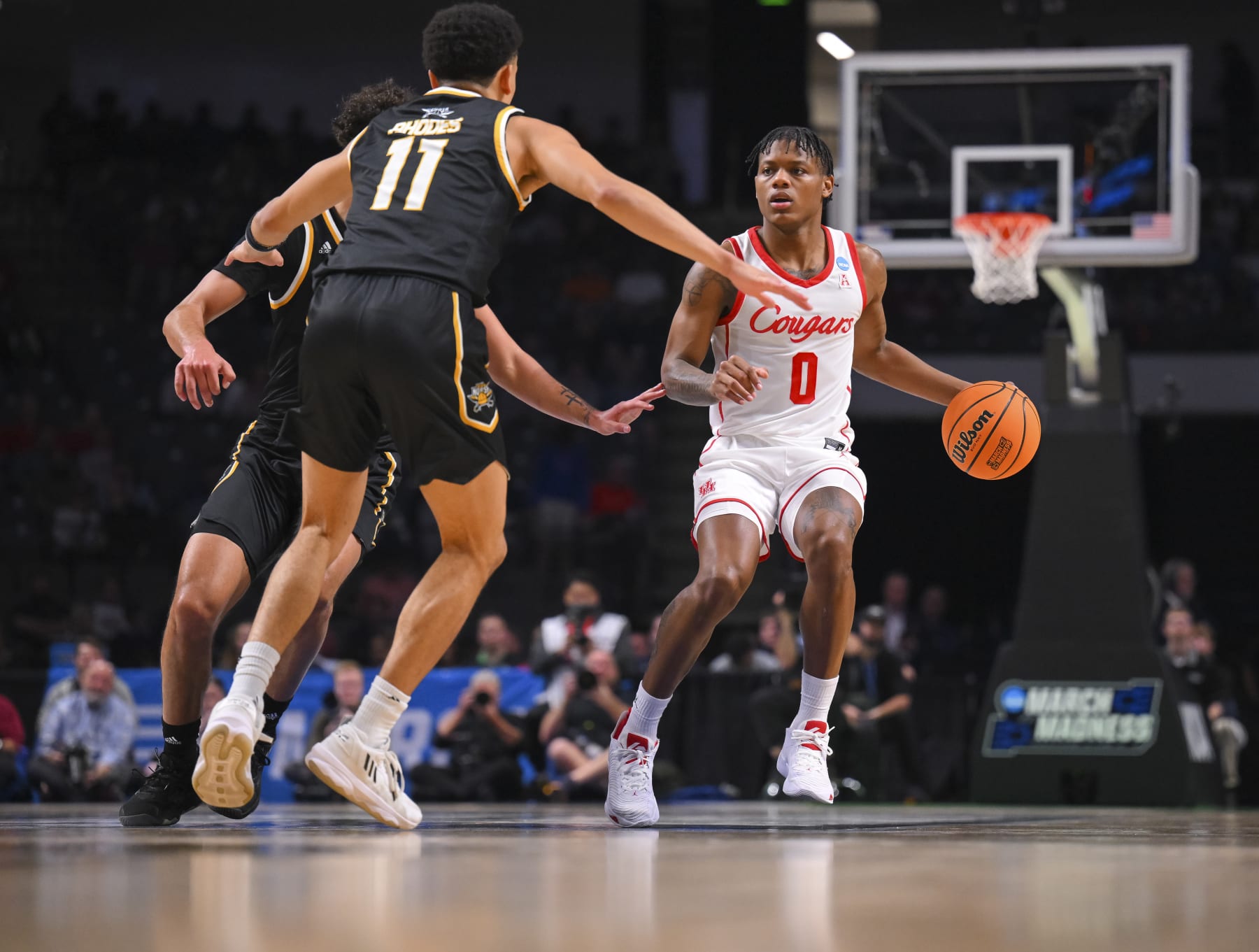 BIRMINGHAM, AL - MARCH 16: Marcus Sasser #0 Houston Cougars dribbles in the first half against the Northern Kentucky Norse during the first round of the 2023 NCAA Men's Basketball Tournament held at Legacy Arena at the BJCC on March 16, 2023 in Birmingham, Alabama. (Photo by Andy Hancock/NCAA Photos via Getty Images)