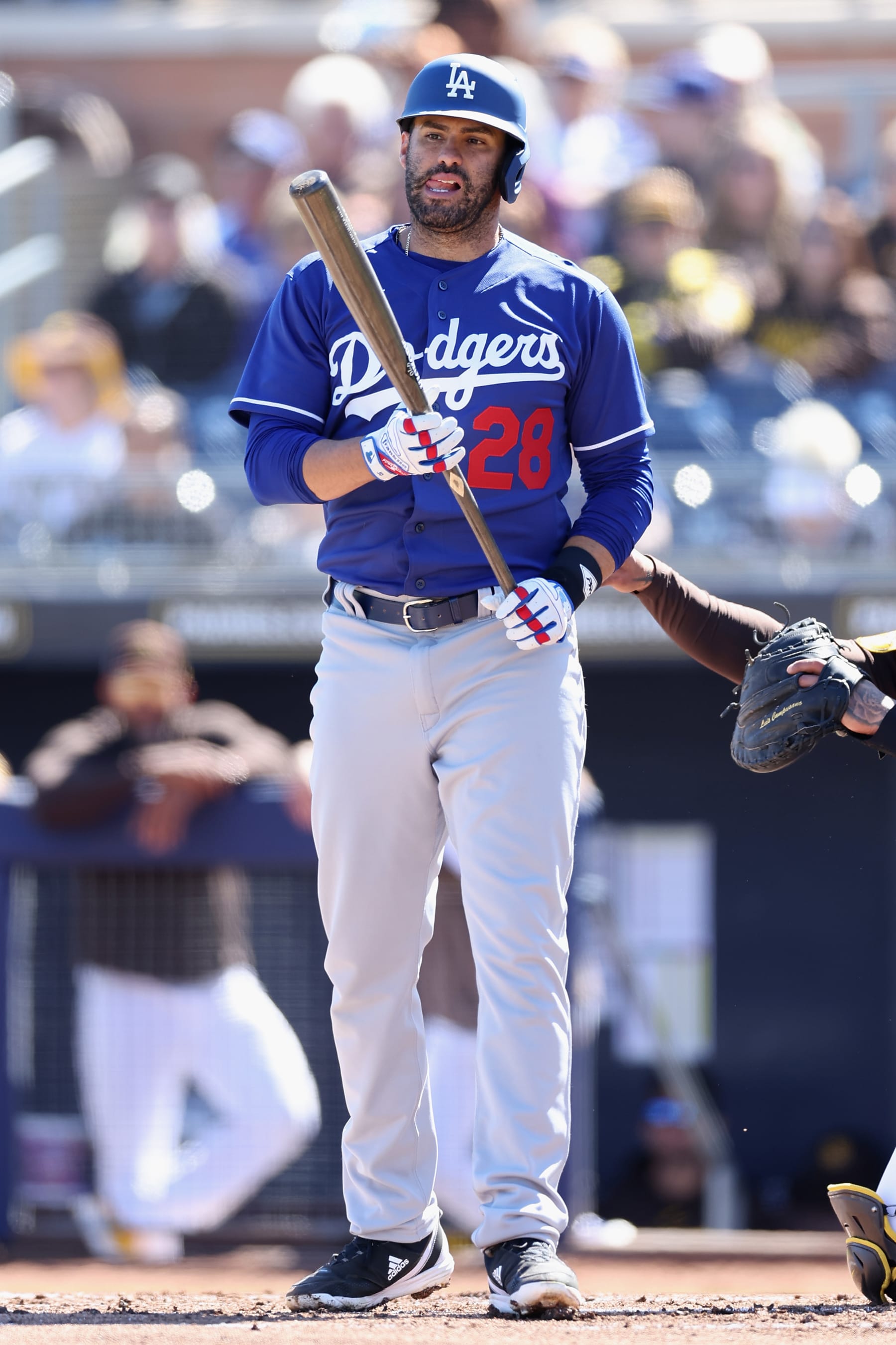PEORIA, ARIZONA - FEBRUARY 27: J.D. Martinez #28 of the Los Angeles Dodgers bats against the San Diego Padres during the first inning of the spring training game at Peoria Stadium on February 27, 2023 in Peoria, Arizona. (Photo by Christian Petersen/Getty Images)