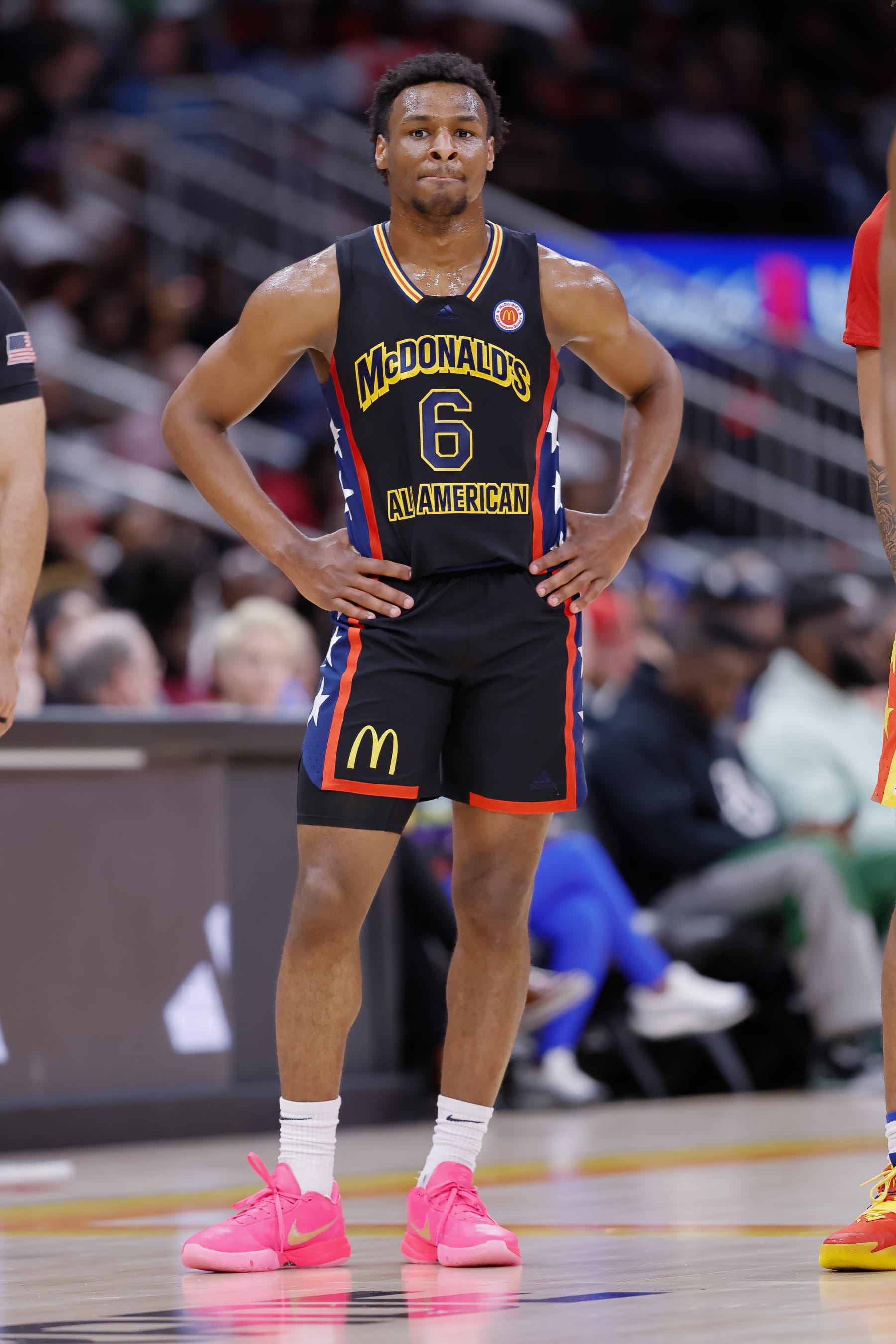 HOUSTON, TX - MARCH 28: Bronny James #6 of McDonald's All American Boys West is seen during the McDonalds All American Basketball Games at Toyota Center on March 28, 2023 in Houston, Texas. (Photo by Michael Hickey/Getty Images)