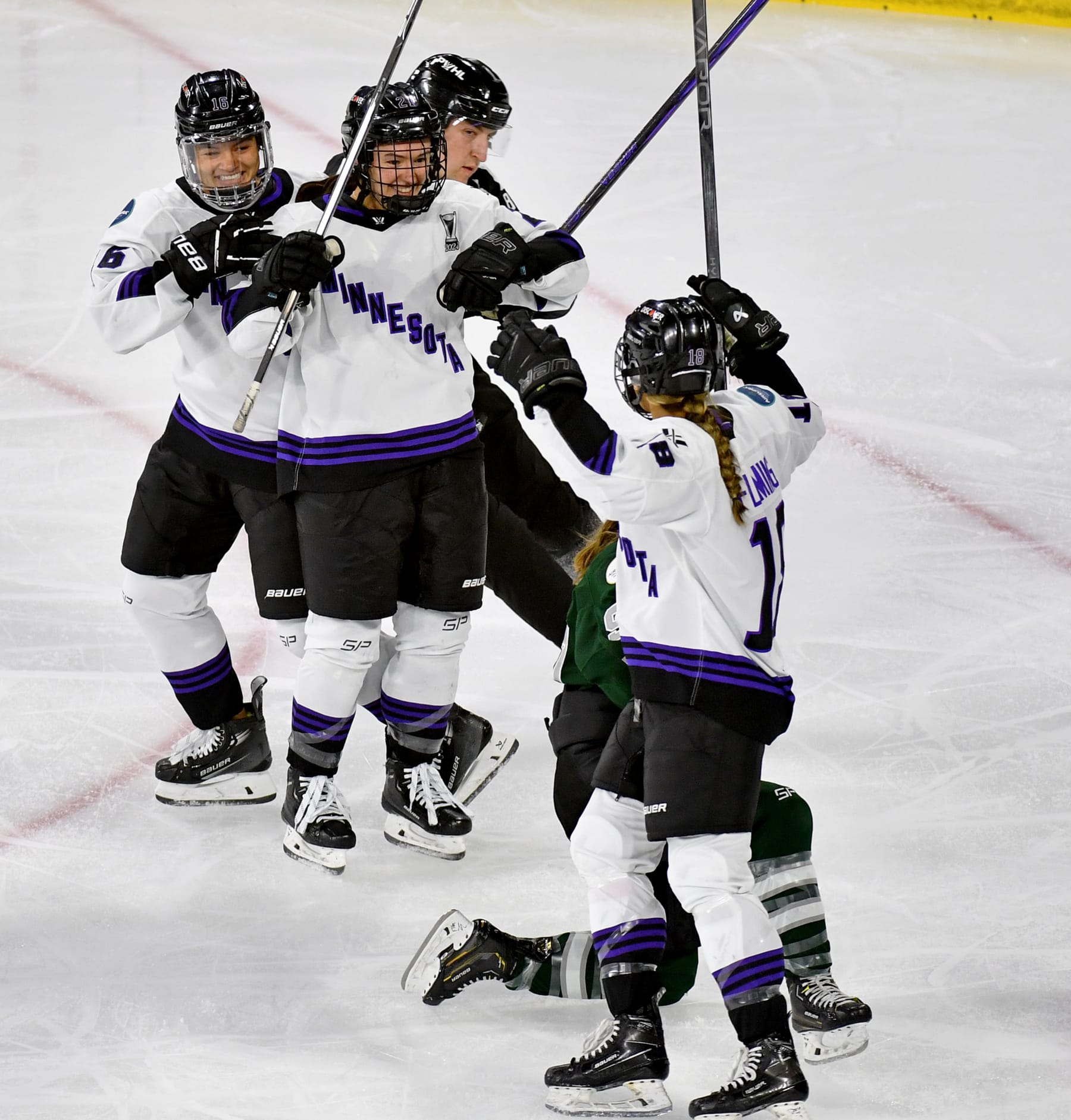 LOWELL, MASSACHUSETTS - MAY 29:  Liz Schepers #21 of Minnesota celebrates her goal against Boston in the second period to open the scoring during Game Five of the PWHL Finals at Tsongas Center on May 29, 2024 in Lowell, Massachusetts. (Photo by Troy Parla/Getty Images)