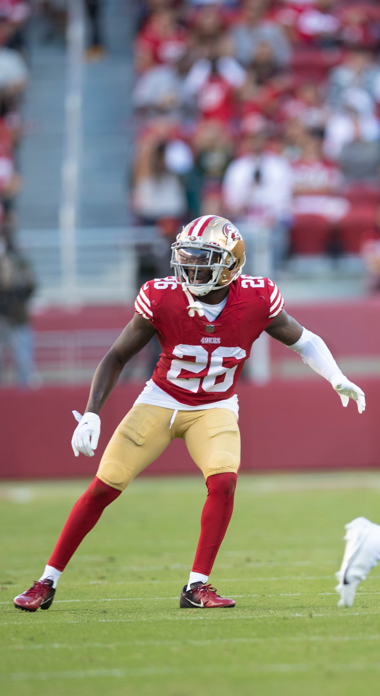 SANTA CLARA, CA - AUGUST 12: Samuel Womack III #26 of the San Francisco 49ers defends during the game against the Green Bay Packers at Levi's Stadium on August 12, 2022 in Santa Clara, California. The 49ers defeated the Packers 28-21. (Photo by Michael Zagaris/San Francisco 49ers/Getty Images)