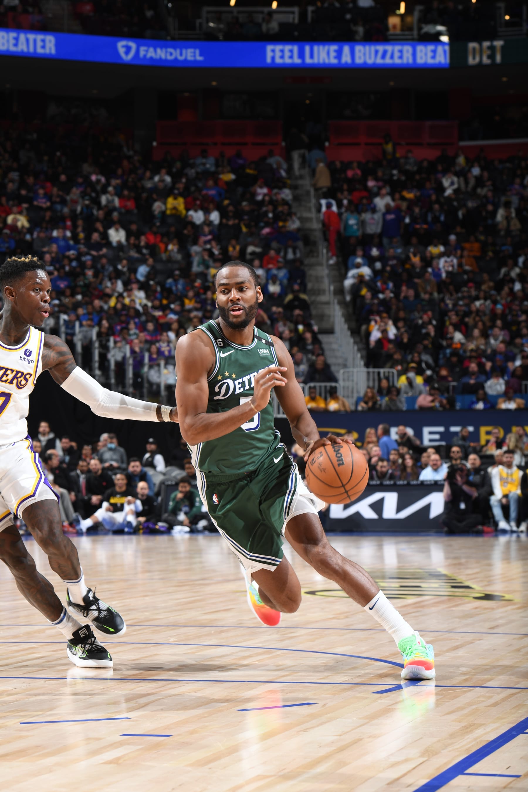 DETROIT, MI - DECEMBER 11: Alec Burks #5 of the Detroit Pistons drives to the basket during the game against the Los Angeles Lakers on December 11, 2022 at Little Caesars Arena in Detroit, Michigan. NOTE TO USER: User expressly acknowledges and agrees that, by downloading and/or using this photograph, User is consenting to the terms and conditions of the Getty Images License Agreement. Mandatory Copyright Notice: Copyright 2022 NBAE (Photo by Chris Schwegler/NBAE via Getty Images)