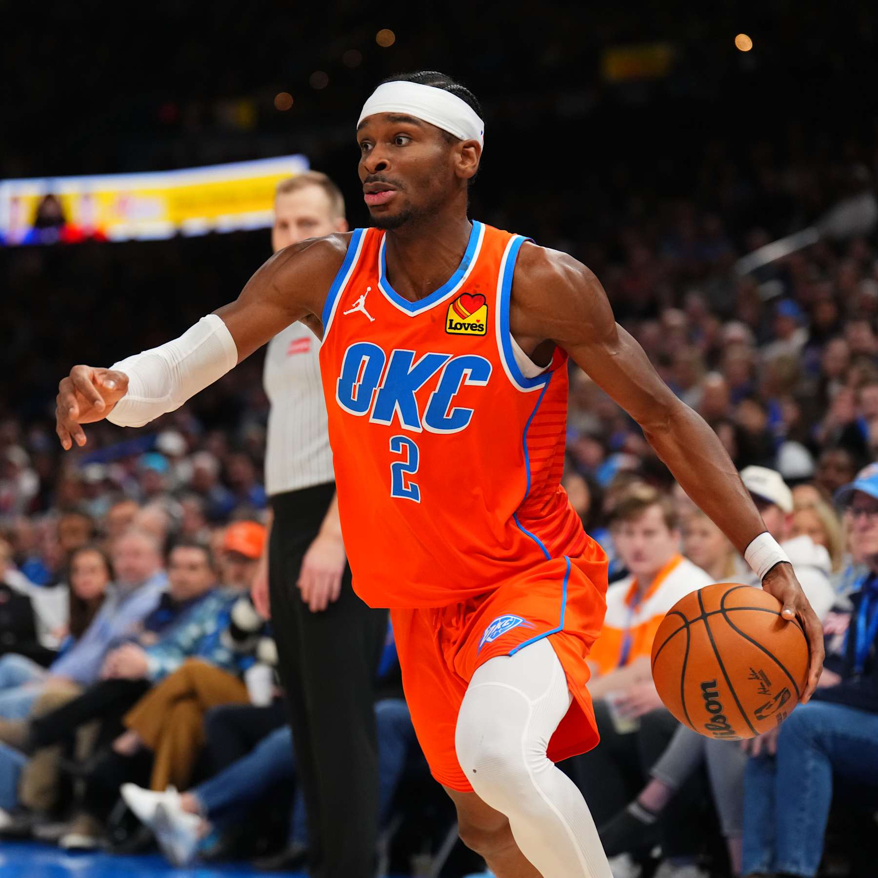 OKLAHOMA CITY, OK - JANUARY 3:  Shai Gilgeous-Alexander #2 of the Oklahoma City Thunder dribbles the ball during the game against the New York Knicks on January 3, 2025 at Paycom Center in Oklahoma City, Oklahoma. NOTE TO USER: User expressly acknowledges and agrees that, by downloading and or using this photograph, User is consenting to the terms and conditions of the Getty Images License Agreement. Mandatory Copyright Notice: Copyright 2025 NBAE (Photo by Cooper Neill/NBAE via Getty Images)