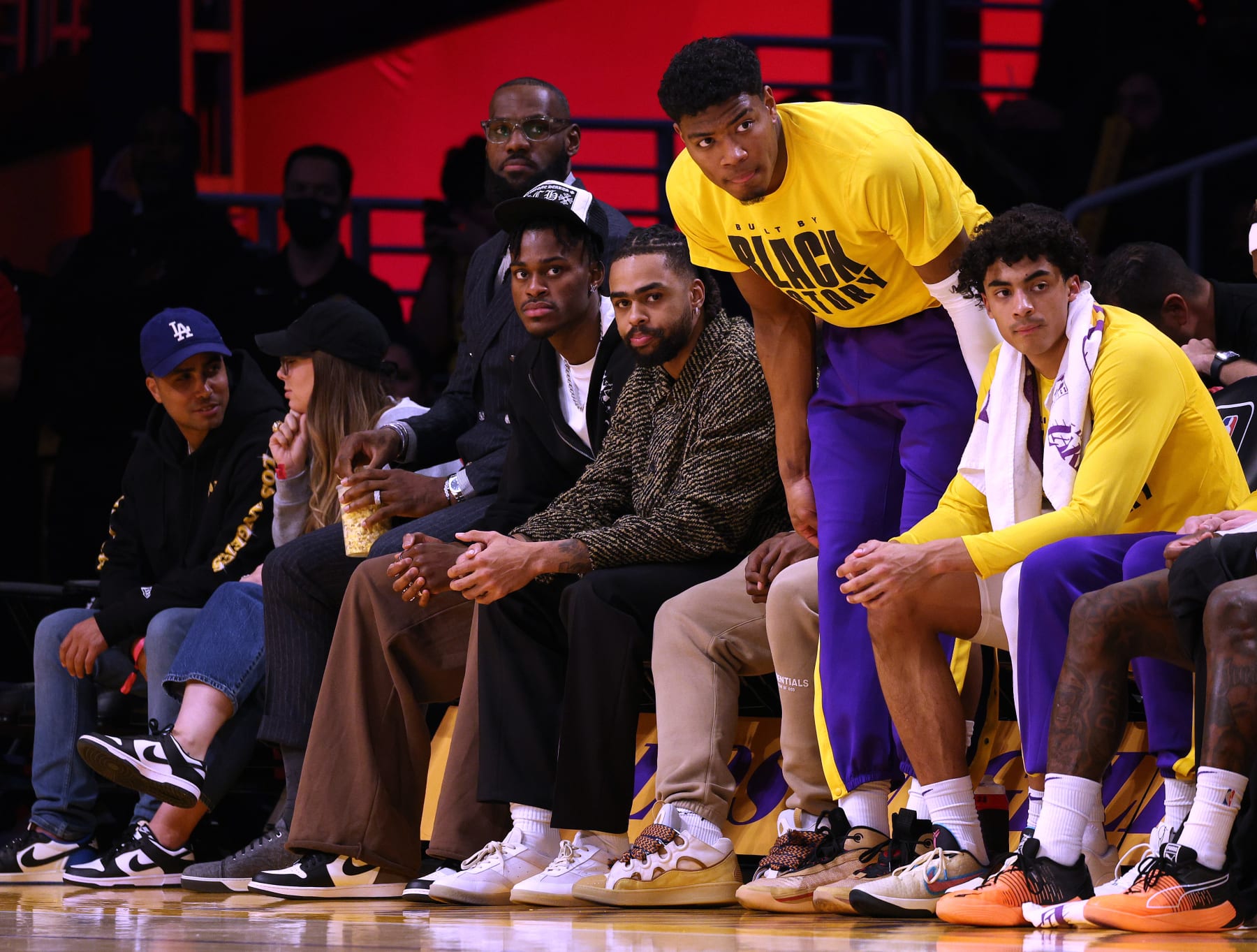 LOS ANGELES, CALIFORNIA - FEBRUARY 09: Recently acquired D'Angelo Russell and Jarred Vanderbilt of the Los Angeles Lakers watch from the bench during the first half against the Milwaukee Bucks at Crypto.com Arena on February 09, 2023 in Los Angeles, California. NOTE TO USER: User expressly acknowledges and agrees that, by downloading and or using this photograph, User is consenting to the terms and conditions of the Getty Images License Agreement. (Photo by Harry How/Getty Images)
