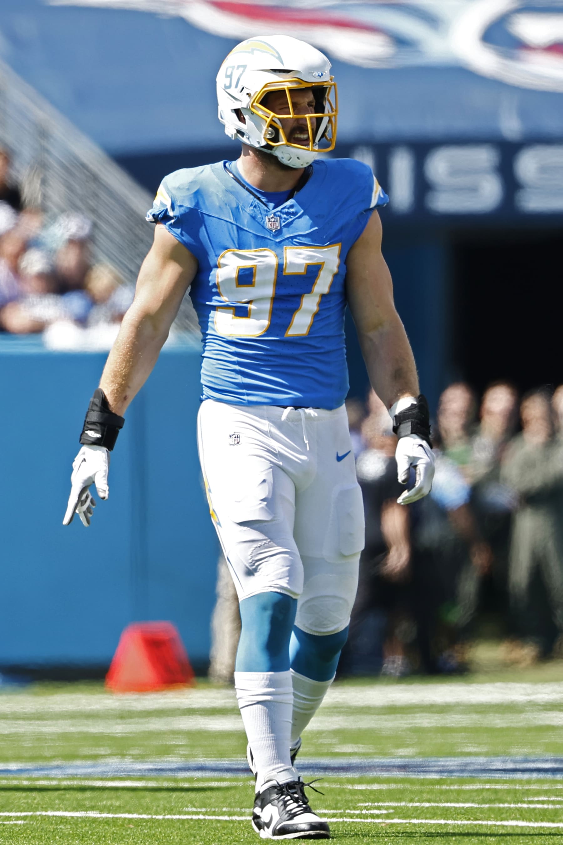NASHVILLE, TENNESSEE - SEPTEMBER 17: Joey Bosa #97 of the Los Angeles Chargers looks on during the game against the Tennessee Titans at Nissan Stadium on September 17, 2023 in Nashville, Tennessee. (Photo by Johnnie Izquierdo/Getty Images)