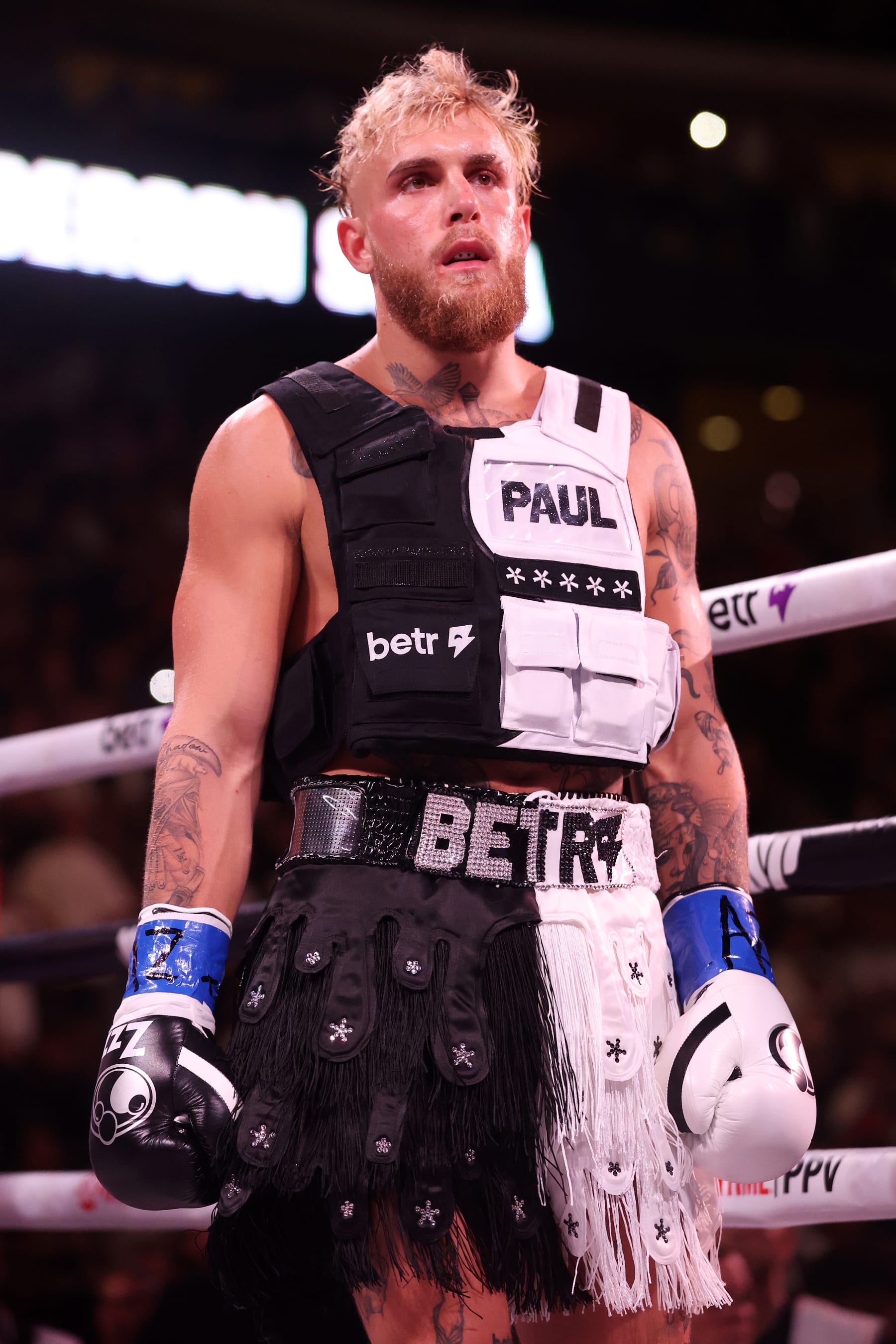 GLENDALE, ARIZONA - OCTOBER 29: Jake Paul takes the ring for his cruiserweight bout against Anderson Silva of Brazil at Desert Diamond Arena on October 29, 2022 in Glendale, Arizona. (Photo by Christian Petersen/Getty Images)