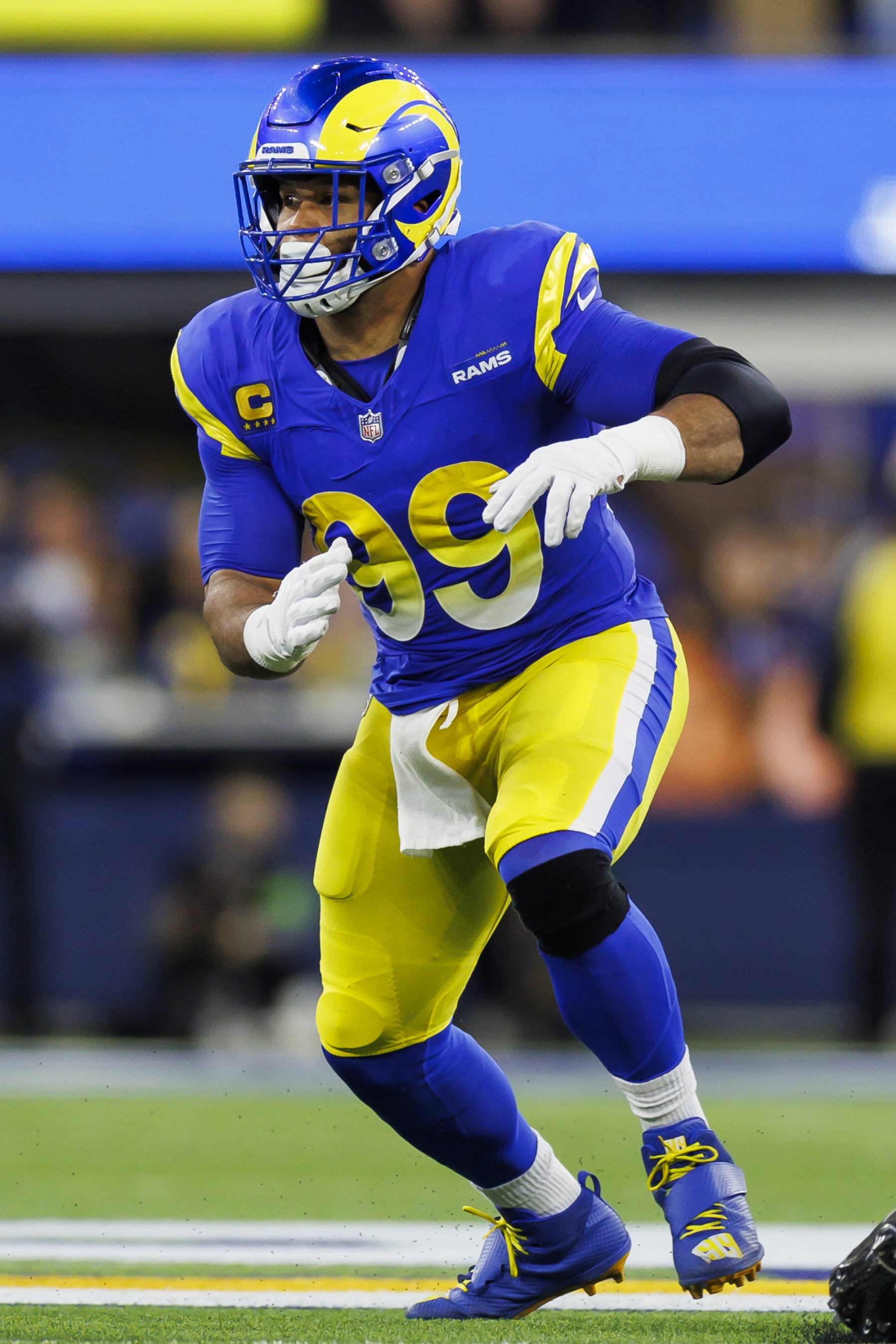 INGLEWOOD, CA - DECEMBER 21: Aaron Donald #99 of the Los Angeles Rams rushes the line of scrimmage during an NFL game against the New Orleans Saints at SoFi Stadium on December 21, 2023 in Inglewood, California. (Photo by Ryan Kang/Getty Images)