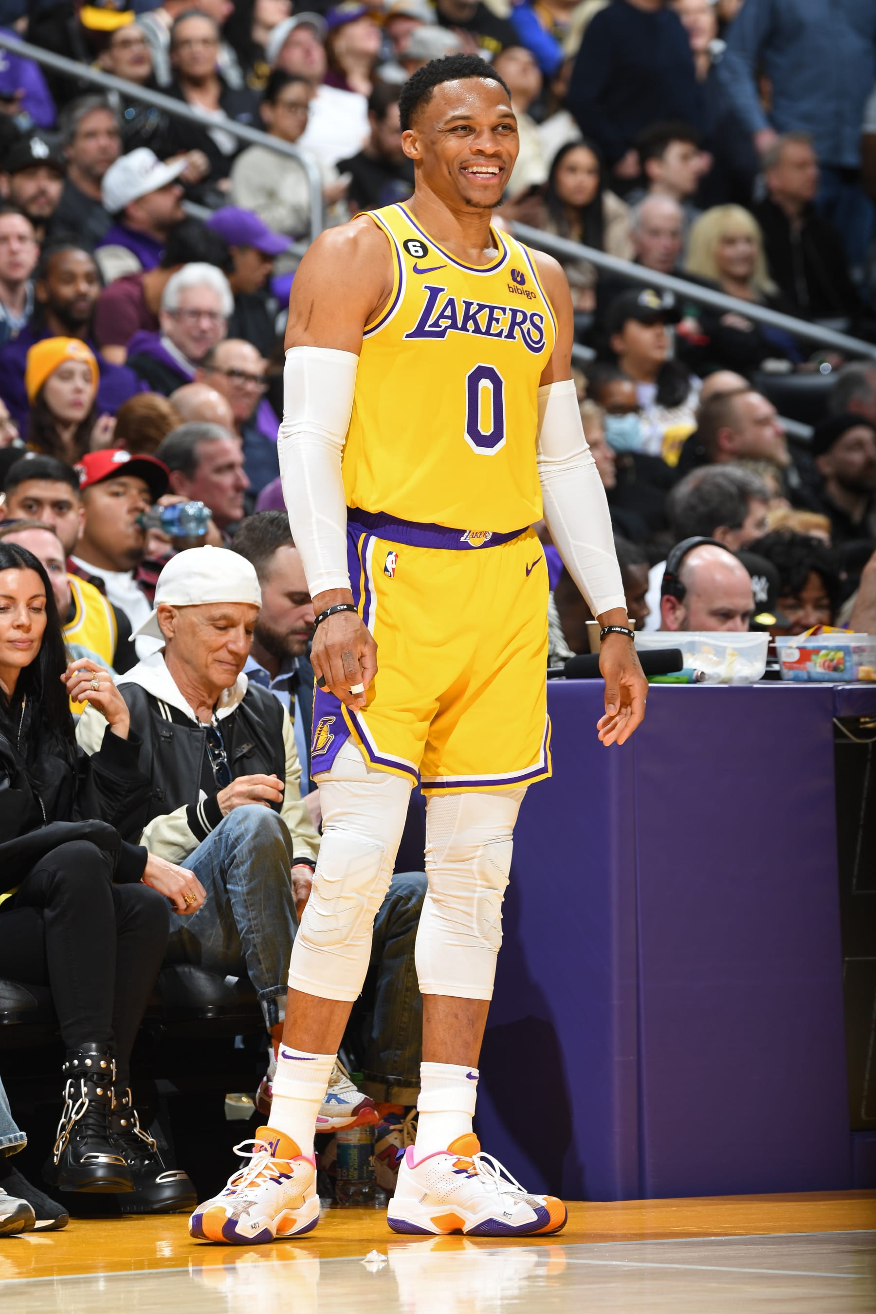 LOS ANGELES, CA - FEBRUARY 7: Russell Westbrook #0 of the Los Angeles Lakers smiles against the Oklahoma City Thunder on February 7, 2023 at Crypto.Com Arena in Los Angeles, California. NOTE TO USER: User expressly acknowledges and agrees that, by downloading and/or using this Photograph, user is consenting to the terms and conditions of the Getty Images License Agreement. Mandatory Copyright Notice: Copyright 2023 NBAE (Photo by Andrew D. Bernstein/NBAE via Getty Images)