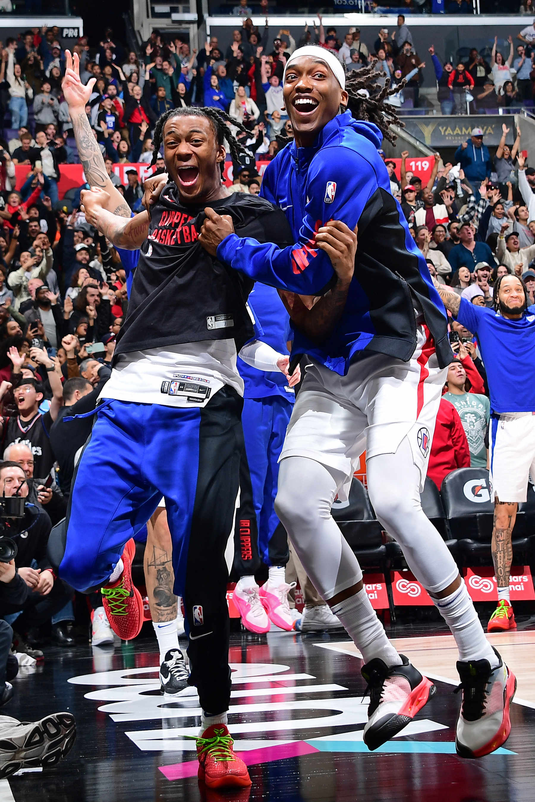 LOS ANGELES, CA - JANUARY 21: Terance Mann #14 and Bones Hyland #5 of the LA Clippers celebrate during the game against the Brooklyn Nets on January 21, 2024 at Crypto.Com Arena in Los Angeles, California. NOTE TO USER: User expressly acknowledges and agrees that, by downloading and/or using this Photograph, user is consenting to the terms and conditions of the Getty Images License Agreement. Mandatory Copyright Notice: Copyright 2024 NBAE (Photo by Adam Pantozzi/NBAE via Getty Images)