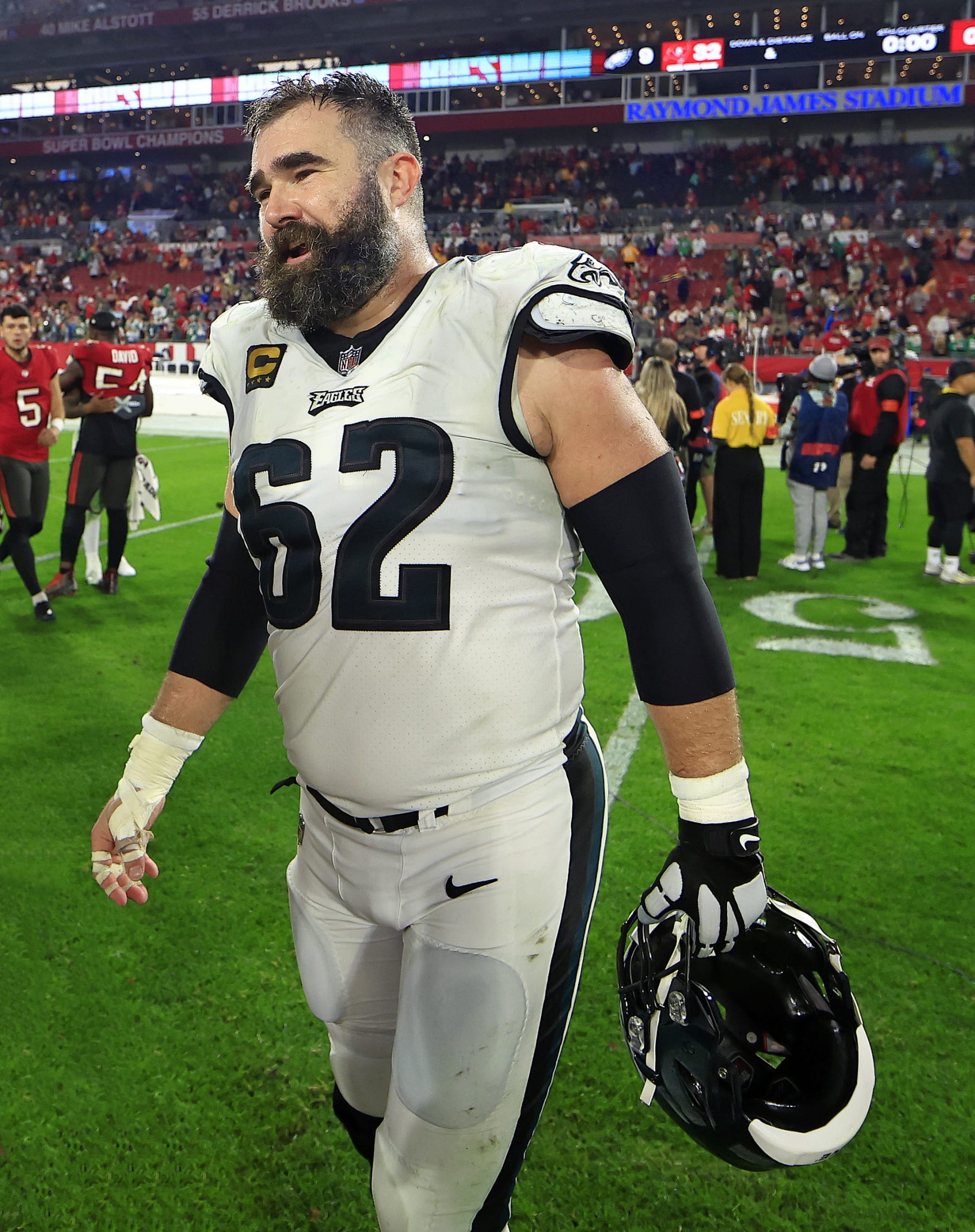 TAMPA, FLORIDA - JANUARY 15: Jason Kelce #62 of the Philadelphia Eagles plays during the NFC Wild Card game against the Tampa Bay Buccaneers at Raymond James Stadium on January 15, 2024 in Tampa, Florida. (Photo by Mike Ehrmann/Getty Images)