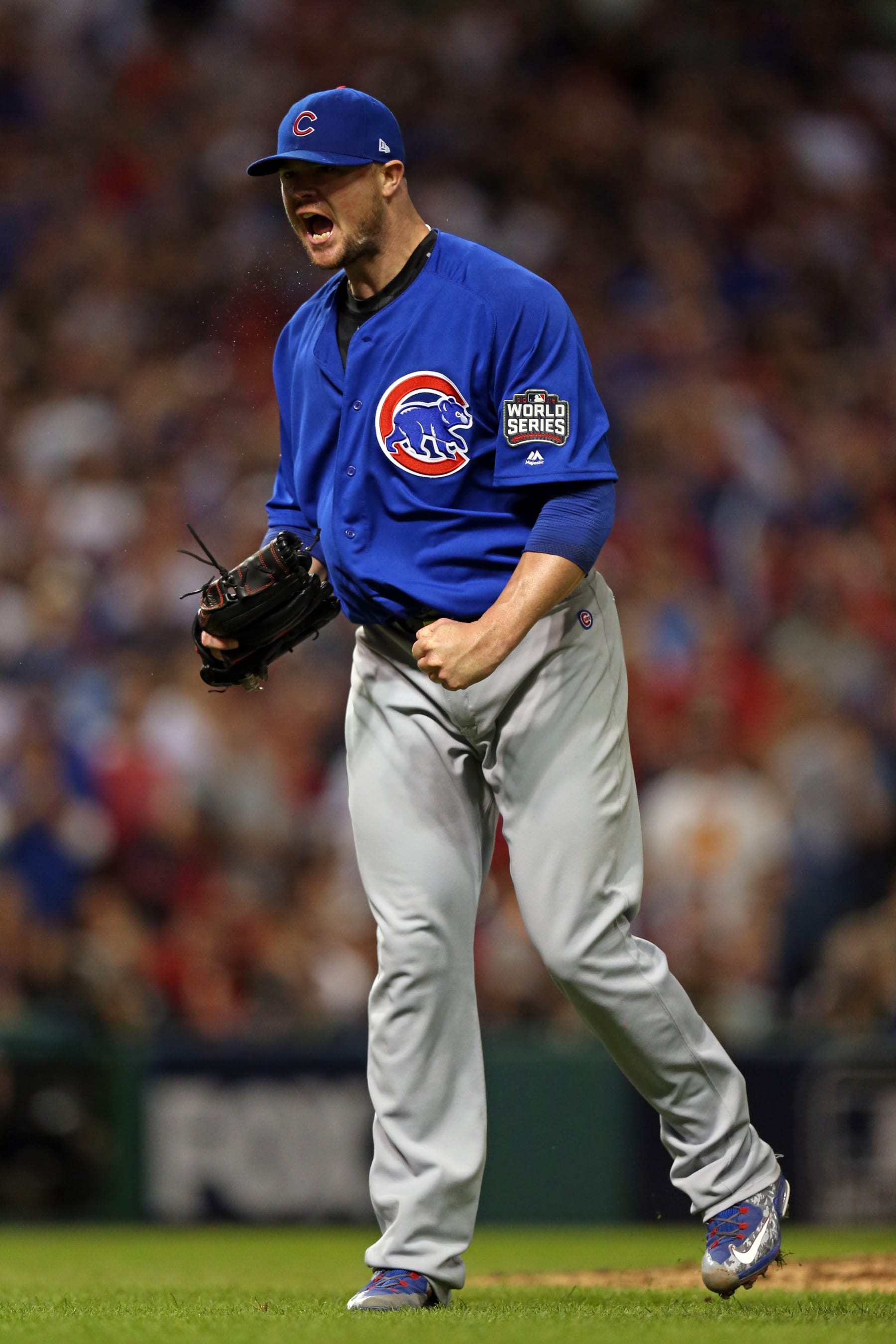 CLEVELAND, OH - NOVEMBER 2:  Jon Lester #34 of the Chicago Cubs reacts to striking out Jason Kipnis #22 of the Cleveland Indians to end the seventh inning during Game 7 of the 2016 World Series at Progressive Field on Wednesday, November 2, 2016 in Cleveland, Ohio. (Photo by Brad Mangin/MLB via Getty Images) 
