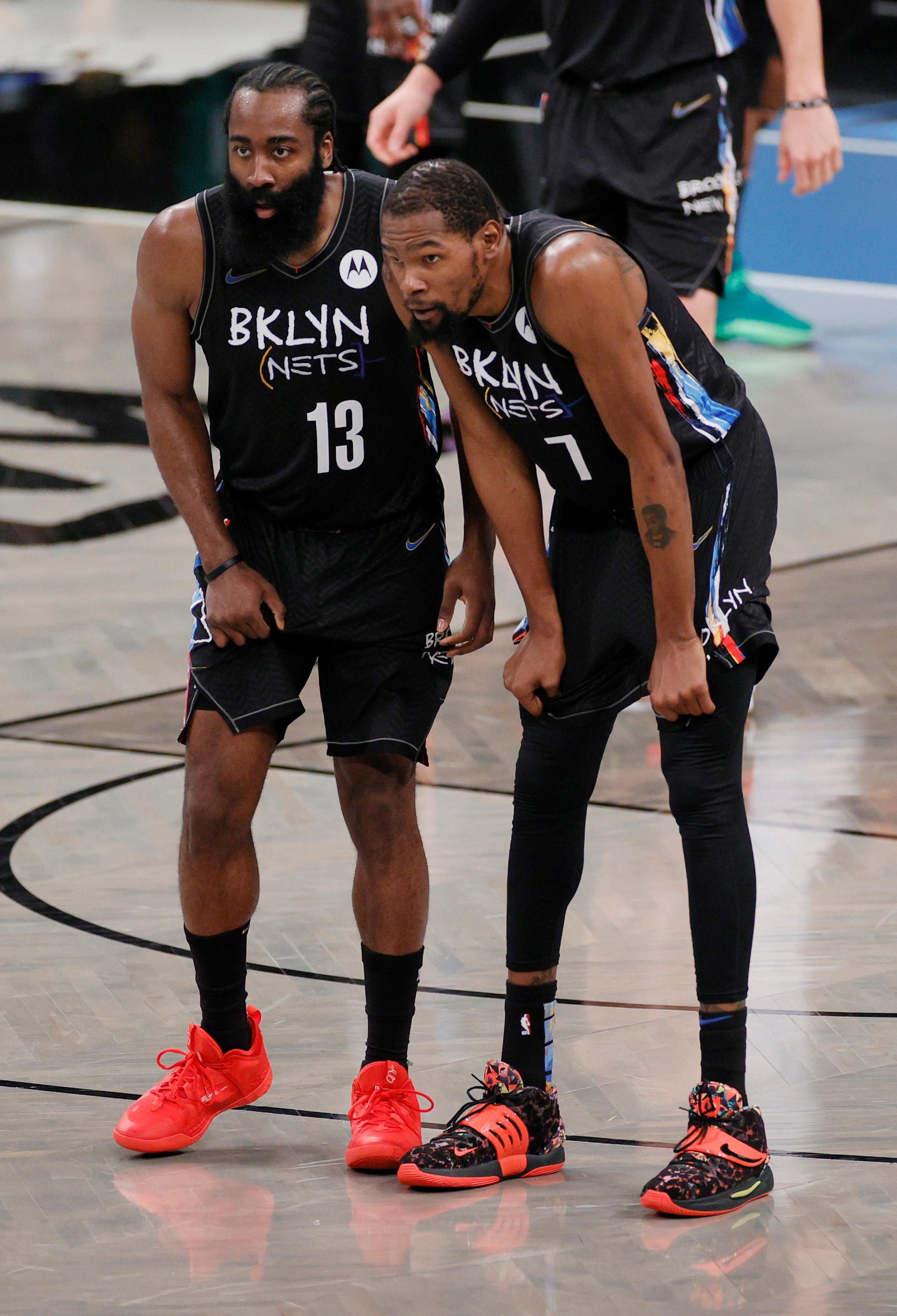NEW YORK, NEW YORK - JUNE 01: James Harden #13 and Kevin Durant #7 of the Brooklyn Nets talk during the second half of Game Five of their Eastern Conference first-round playoff series against the Boston Celtics at Barclays Center on June 01, 2021 in the Brooklyn borough of New York City. NOTE TO USER: User expressly acknowledges and agrees that, by downloading and or using this photograph, User is consenting to the terms and conditions of the Getty Images License Agreement. (Photo by Sarah Stier/Getty Images)