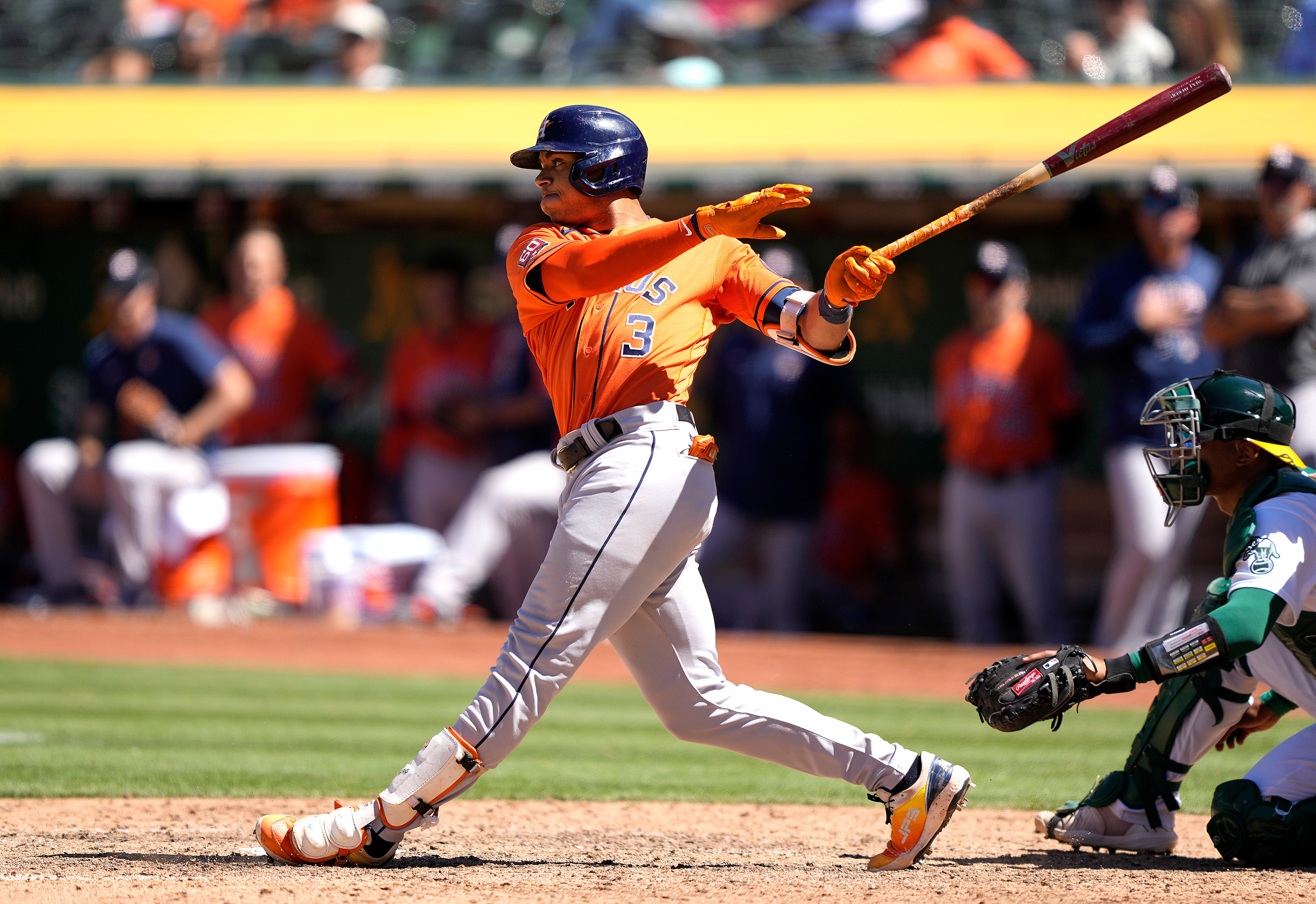 OAKLAND, CALIFORNIA - JUNE 01: Jeremy Pena #3 of the Houston Astros bats against the Oakland Athletics in the top of the ninth inning at RingCentral Coliseum on June 01, 2022 in Oakland, California. (Photo by Thearon W. Henderson/Getty Images)