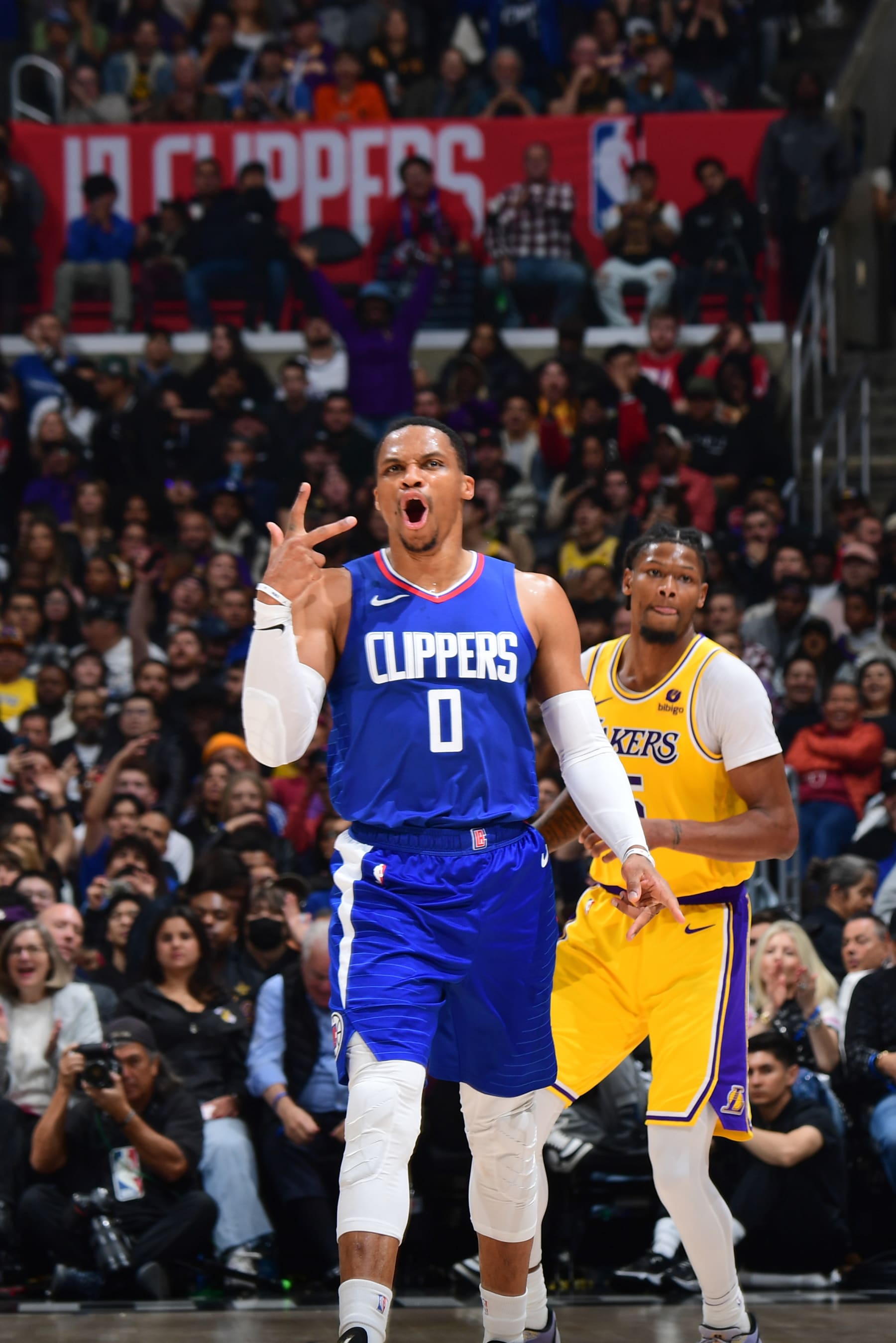 LOS ANGELES, CA - JANUARY 23:  Russell Westbrook #0 of the LA Clippers celebrates during the game on January 23, 2024 at Crypto.Com Arena in Los Angeles, California. NOTE TO USER: User expressly acknowledges and agrees that, by downloading and/or using this Photograph, user is consenting to the terms and conditions of the Getty Images License Agreement. Mandatory Copyright Notice: Copyright 2024 NBAE (Photo by Adam Pantozzi/NBAE via Getty Images)