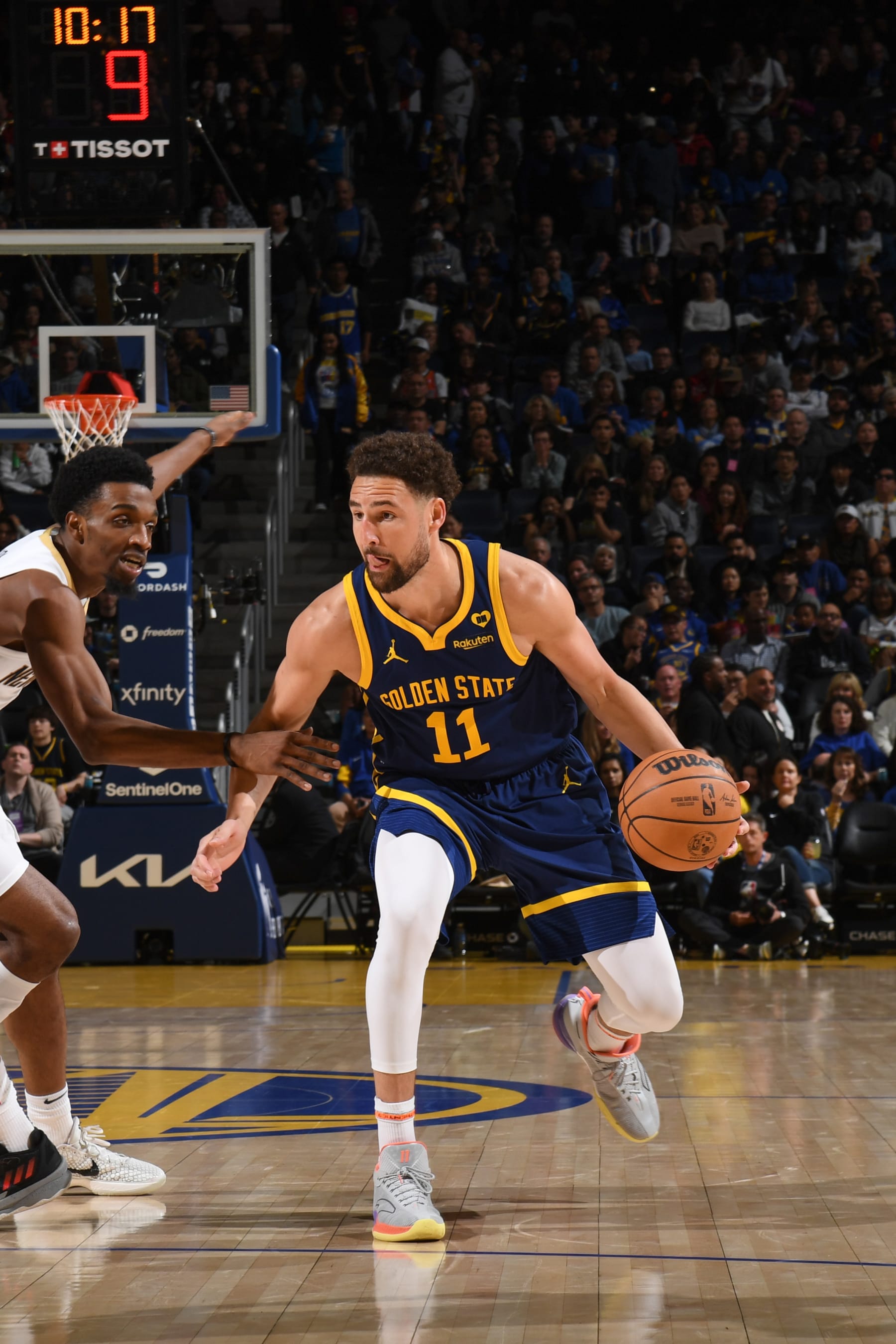 SAN FRANCISCO, CA - APRIL 12:  Klay Thompson #11 of the Golden State Warriors handles the ball during the game  on April 12, 2024 at Chase Center in San Francisco, California. NOTE TO USER: User expressly acknowledges and agrees that, by downloading and or using this photograph, user is consenting to the terms and conditions of Getty Images License Agreement. Mandatory Copyright Notice: Copyright 2024 NBAE (Photo by Noah Graham/NBAE via Getty Images)
