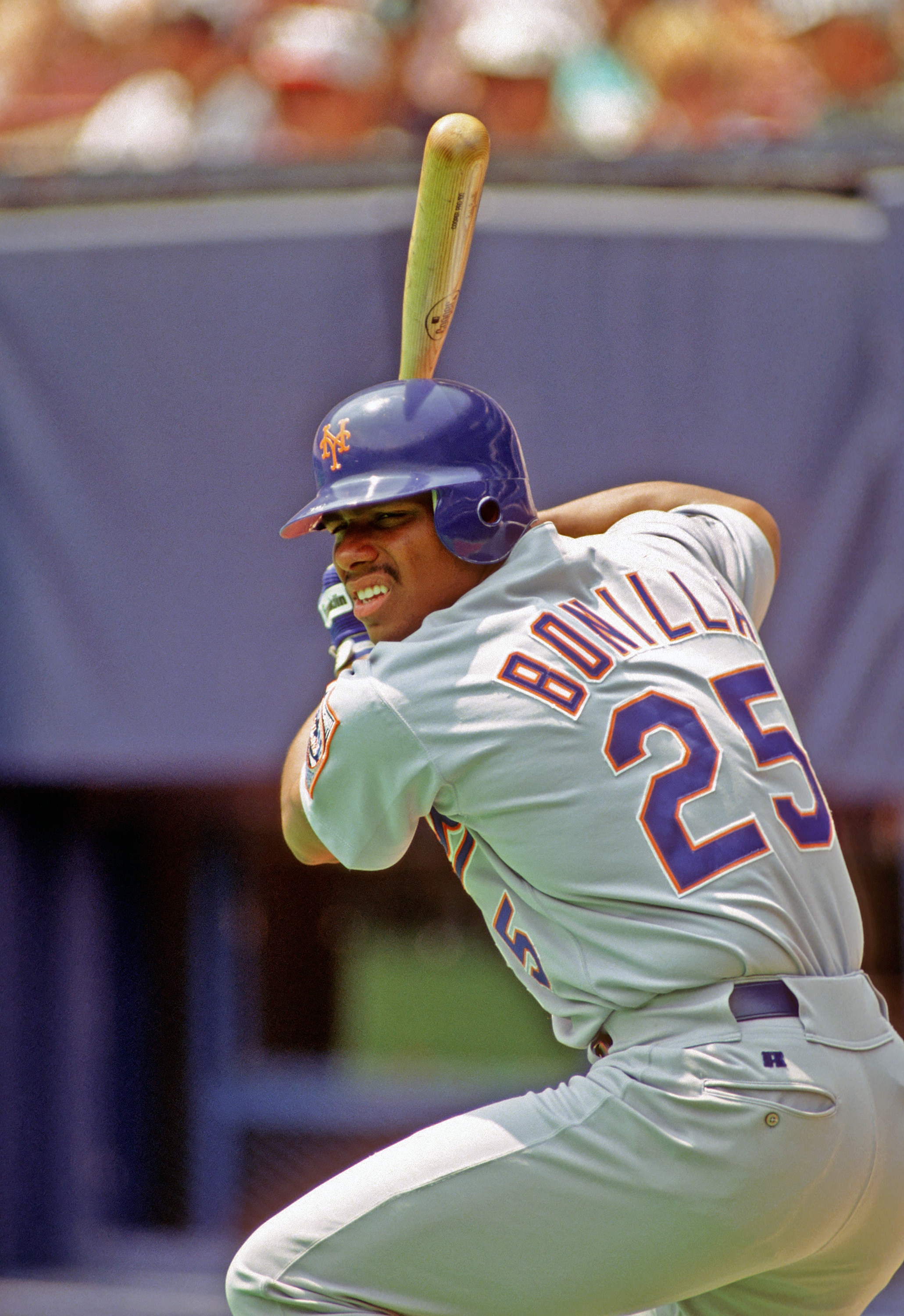 PITTSBURGH, PA - CIRCA 1994:  Bobby Bonilla of the New York Mets takes a practice swing as he waits on deck to bat against the Pittsburgh Pirates during a Major League Baseball game at Three Rivers Stadium in circa 1994  in Pittsburgh, Pennsylvania.  (Photo by George Gojkovich/Getty Images)