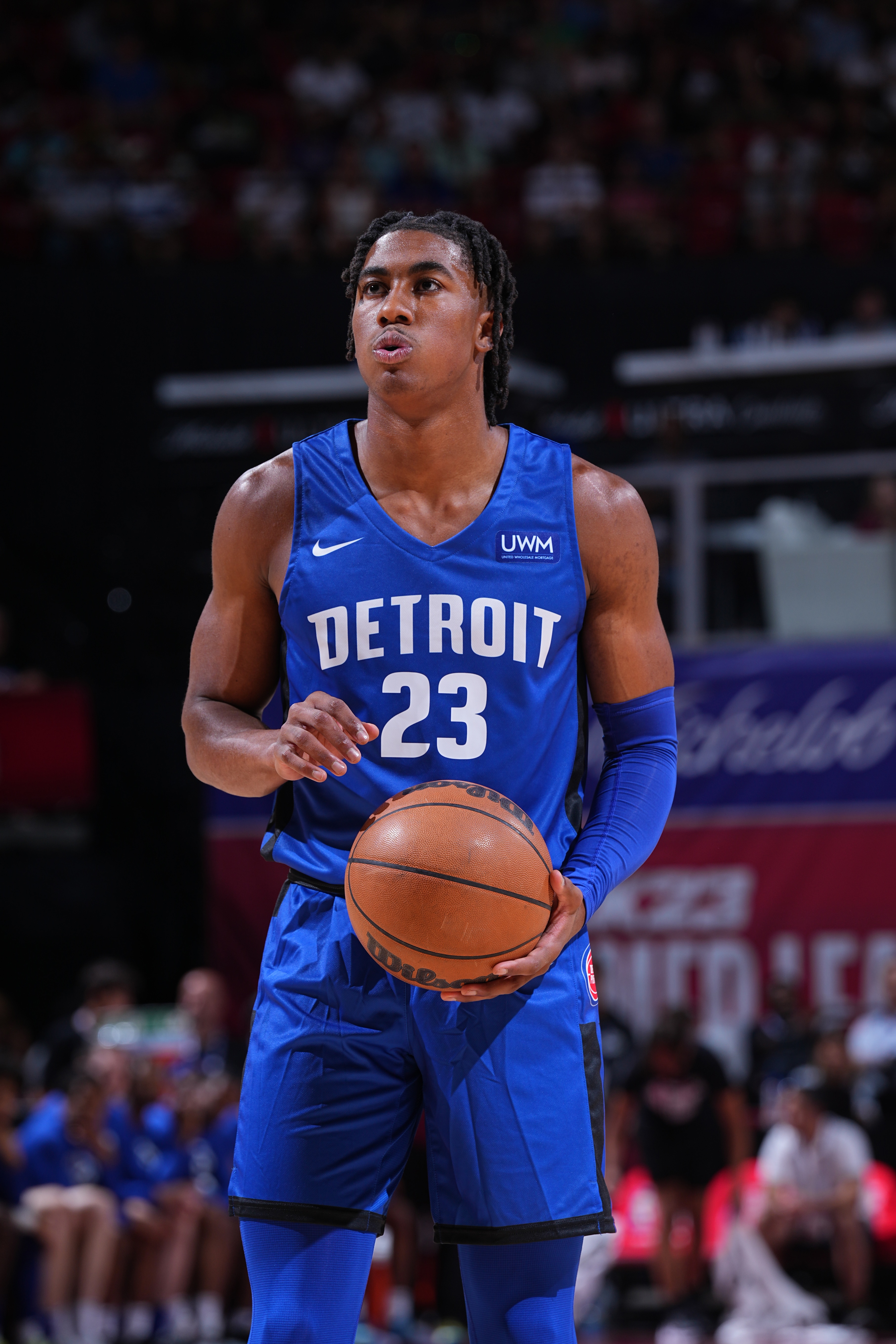 Las Vegas, NV - JULY 9:  Jaden Ivey #23 of the Detroit Pistons shoots a free throw during the game against the Washington Wizards during the 2022 Las Vegas Summer League on July 9, 2022 at the Thomas & Mack Center in Las Vegas, Nevada. NOTE TO USER: User expressly acknowledges and agrees that, by downloading and/or using this Photograph, user is consenting to the terms and conditions of the Getty Images License Agreement. Mandatory Copyright Notice: Copyright 2022 NBAE (Photo by Bart Young/NBAE via Getty Images)