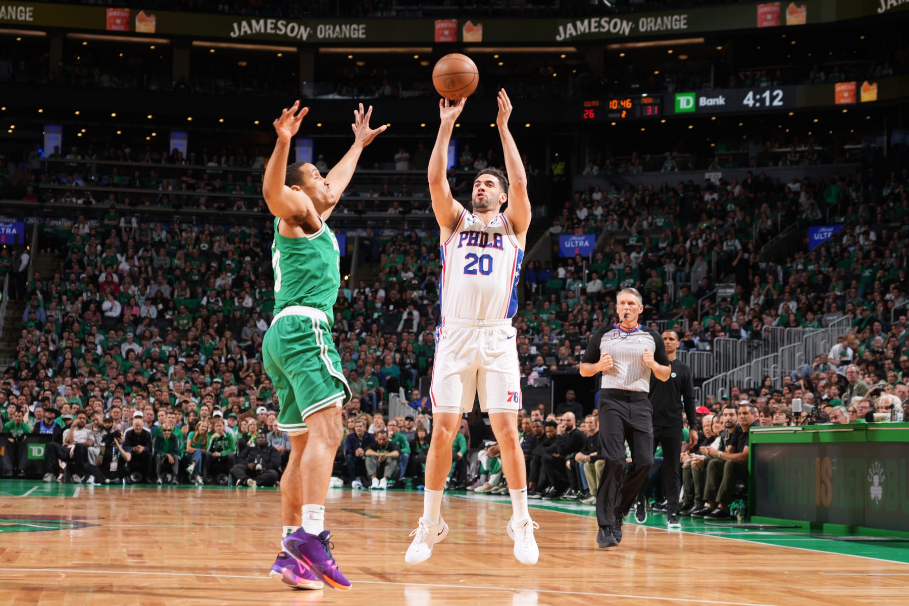 BOSTON, MA - MAY 14: Georges Niang #20 of the Philadelphia 76ers shoots the ball during Game Seven of the Eastern Conference Semi-Finals of the 2023 NBA Playoffs against the Boston Celtics on May 14, 2023 at the TD Garden in Boston, Massachusetts. NOTE TO USER: User expressly acknowledges and agrees that, by downloading and or using this photograph, User is consenting to the terms and conditions of the Getty Images License Agreement. Mandatory Copyright Notice: Copyright 2023 NBAE  (Photo by Jesse D. Garrabrant/NBAE via Getty Images)