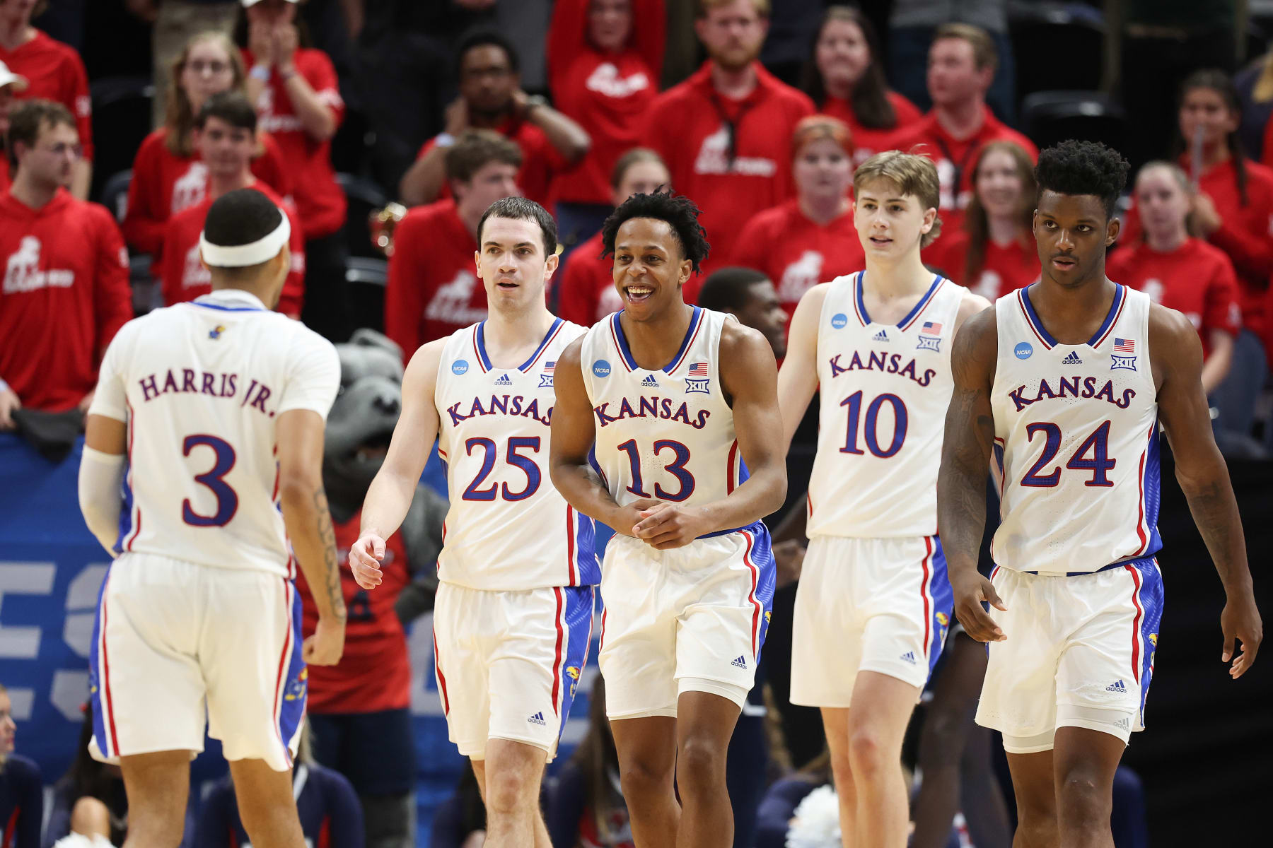SALT LAKE CITY, UTAH - MARCH 21:  Elmarko Jackson #13 and Dajuan Harris Jr. #3 of the Kansas Jayhawks celebrate against the Samford Bulldogs during the second half in the first round of the NCAA Men's Basketball Tournament at Delta Center on March 21, 2024 in Salt Lake City, Utah. (Photo by Christian Petersen/Getty Images)