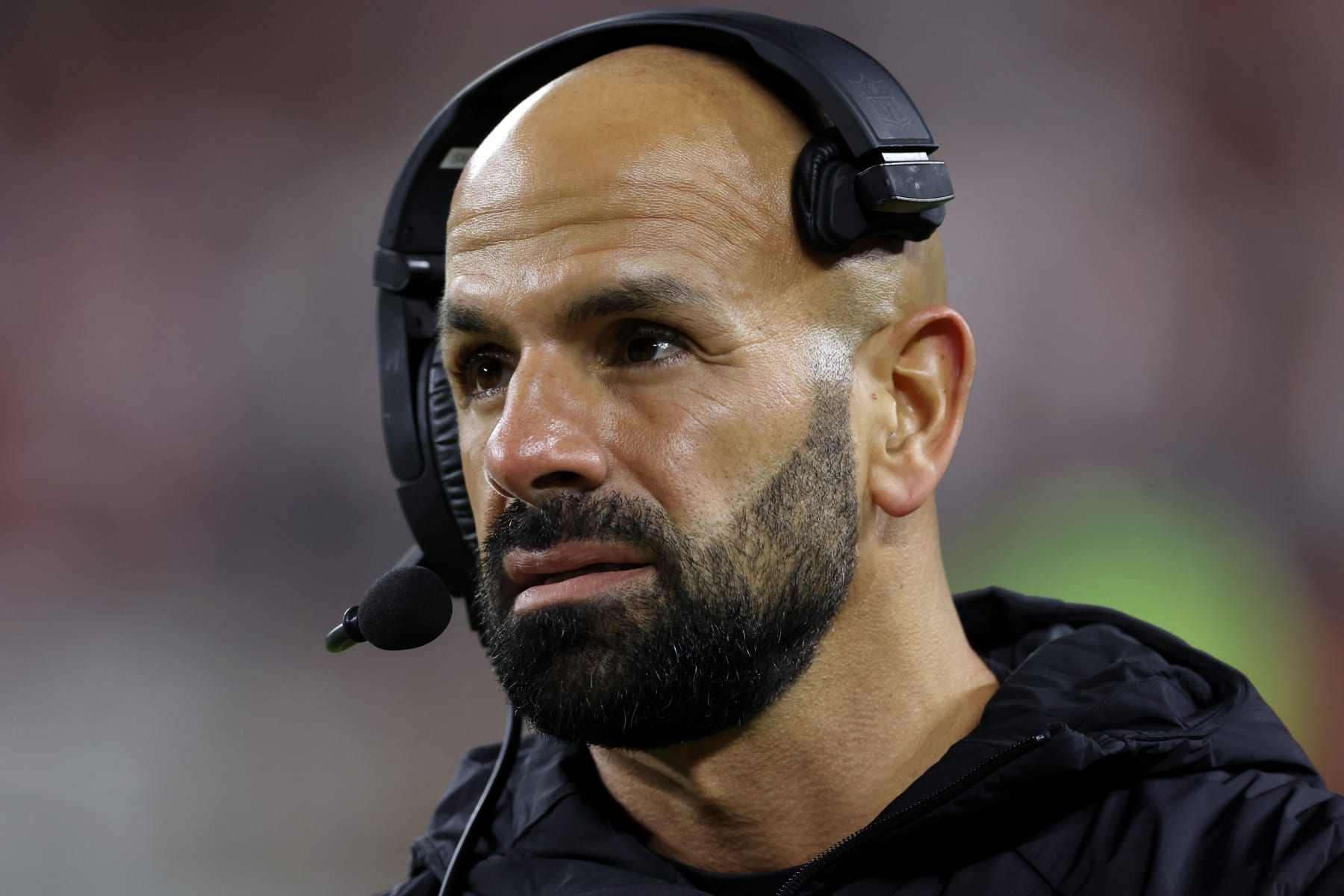 CLEVELAND, OHIO - DECEMBER 28: Head coach Robert Saleh of the New York Jets looks on against the Cleveland Browns at Cleveland Browns Stadium on December 28, 2023 in Cleveland, Ohio. (Photo by Gregory Shamus/Getty Images)