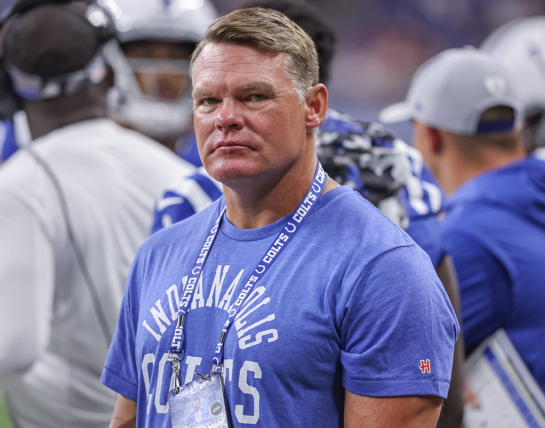 INDIANAPOLIS, IN - AUGUST 27: Chris Ballard GM of the Indianapolis Colts is seen during the preseason game against the Tampa Bay Buccaneers at Lucas Oil Stadium on August 27, 2022 in Indianapolis, Indiana. (Photo by Michael Hickey/Getty Images)