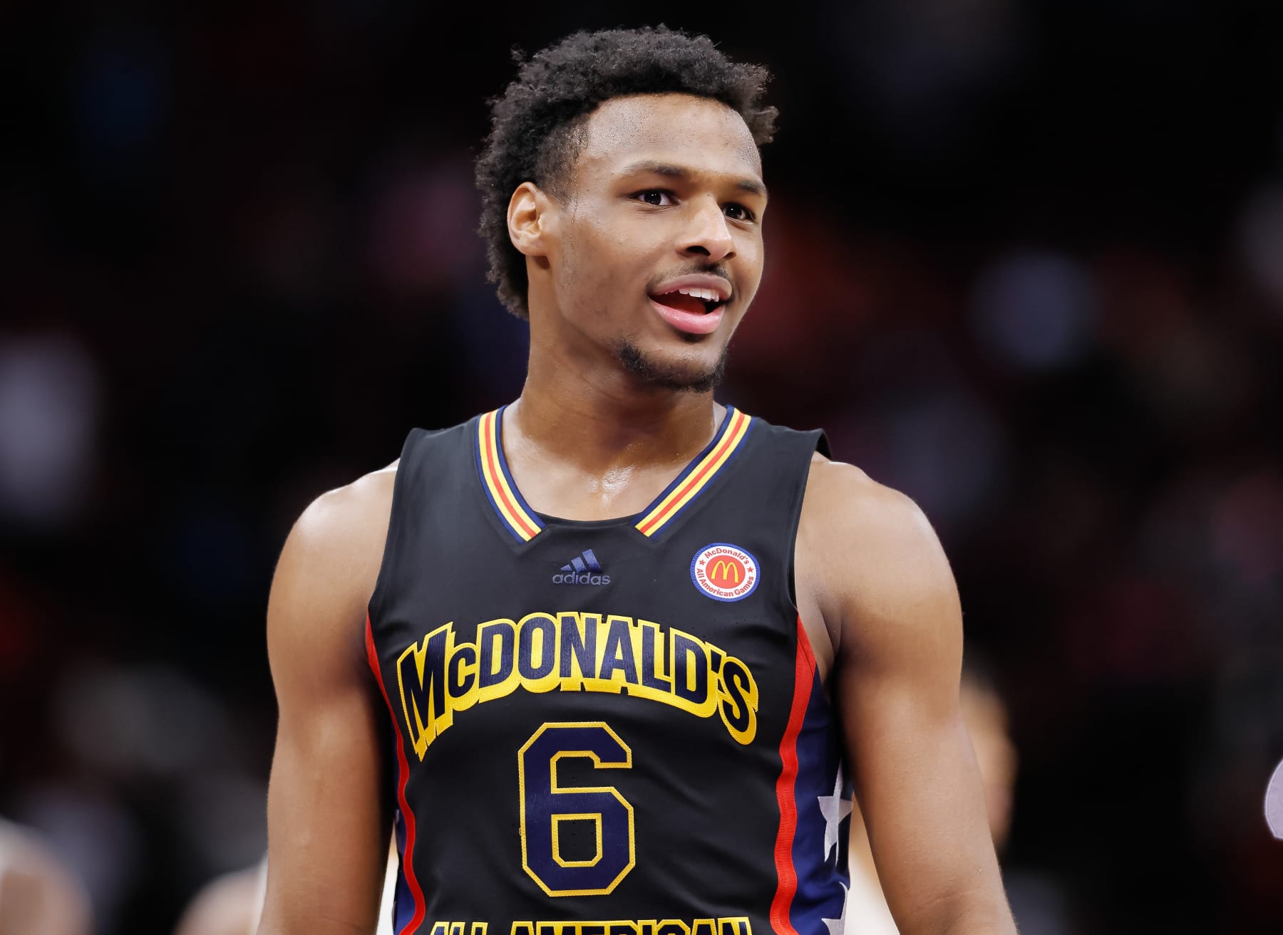 HOUSTON, TX - MARCH 28: Bronny James #6 of McDonald's All American Boys West is seen during the McDonalds All American Basketball Games at Toyota Center on March 28, 2023 in Houston, Texas. (Photo by Michael Hickey/Getty Images)